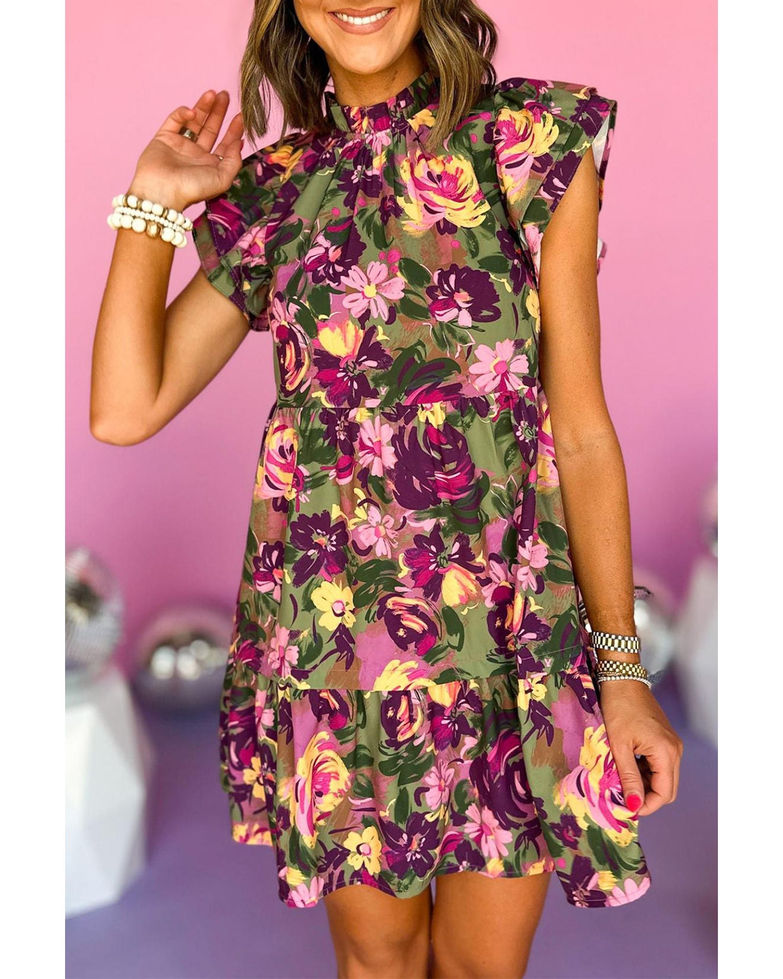 Green Floral Print Ruched Flutter Sleeve Frilled Neck Mini Dress - M