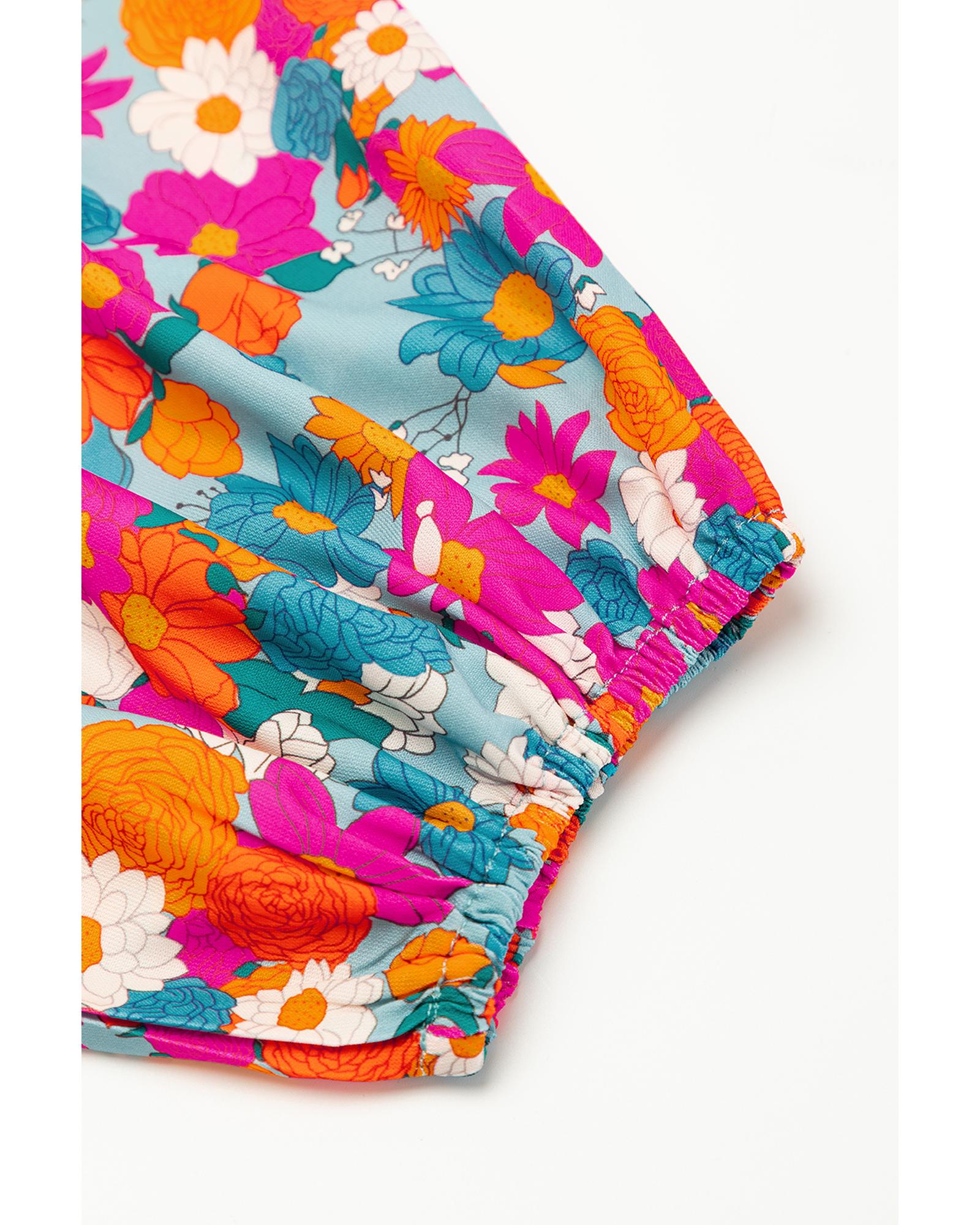 Sky Blue Floral Print Tie Split Neck Bubble Sleeve Babydoll Dress - S