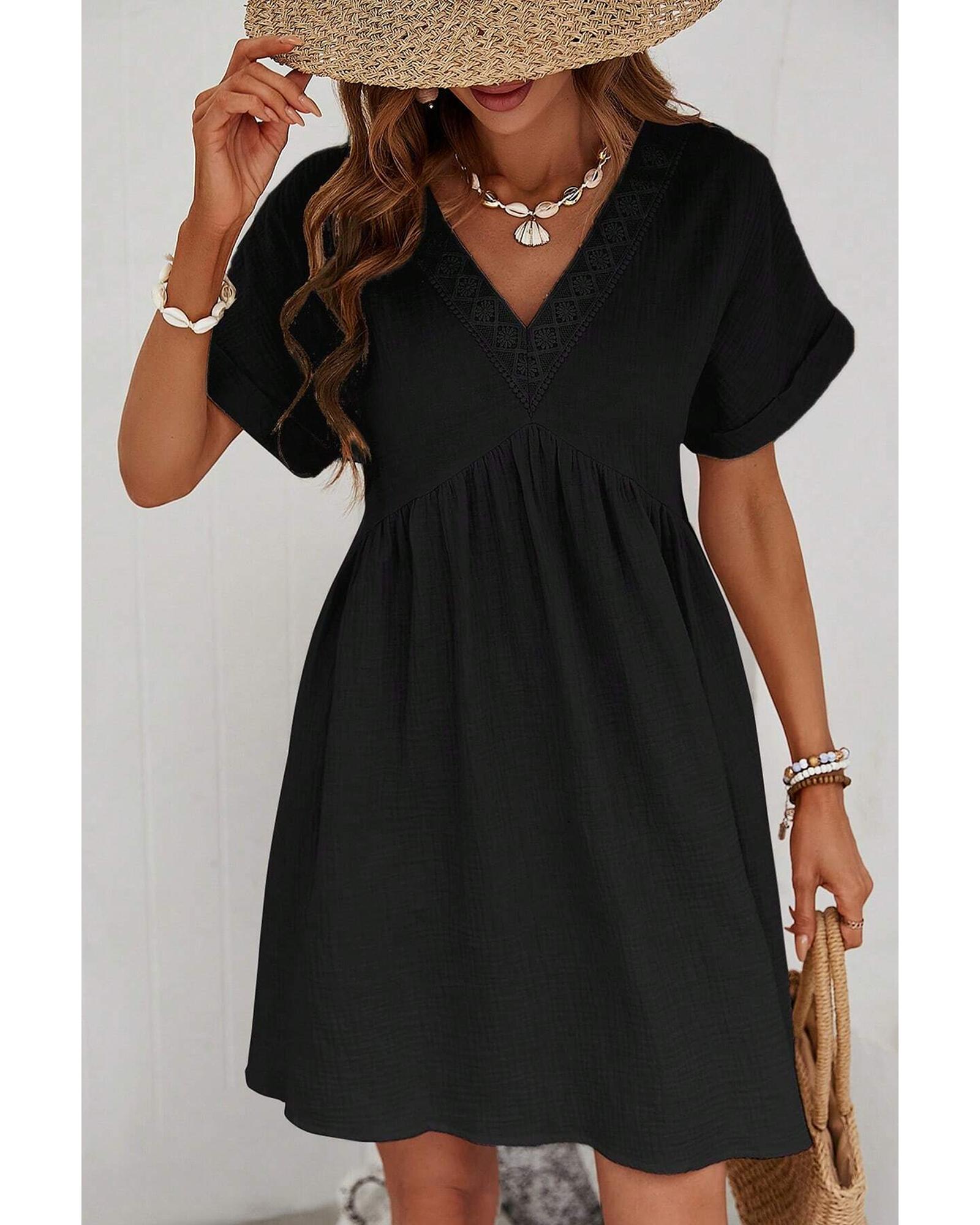 Black Folded Short Sleeve Lace V Neck Mini Dress - S