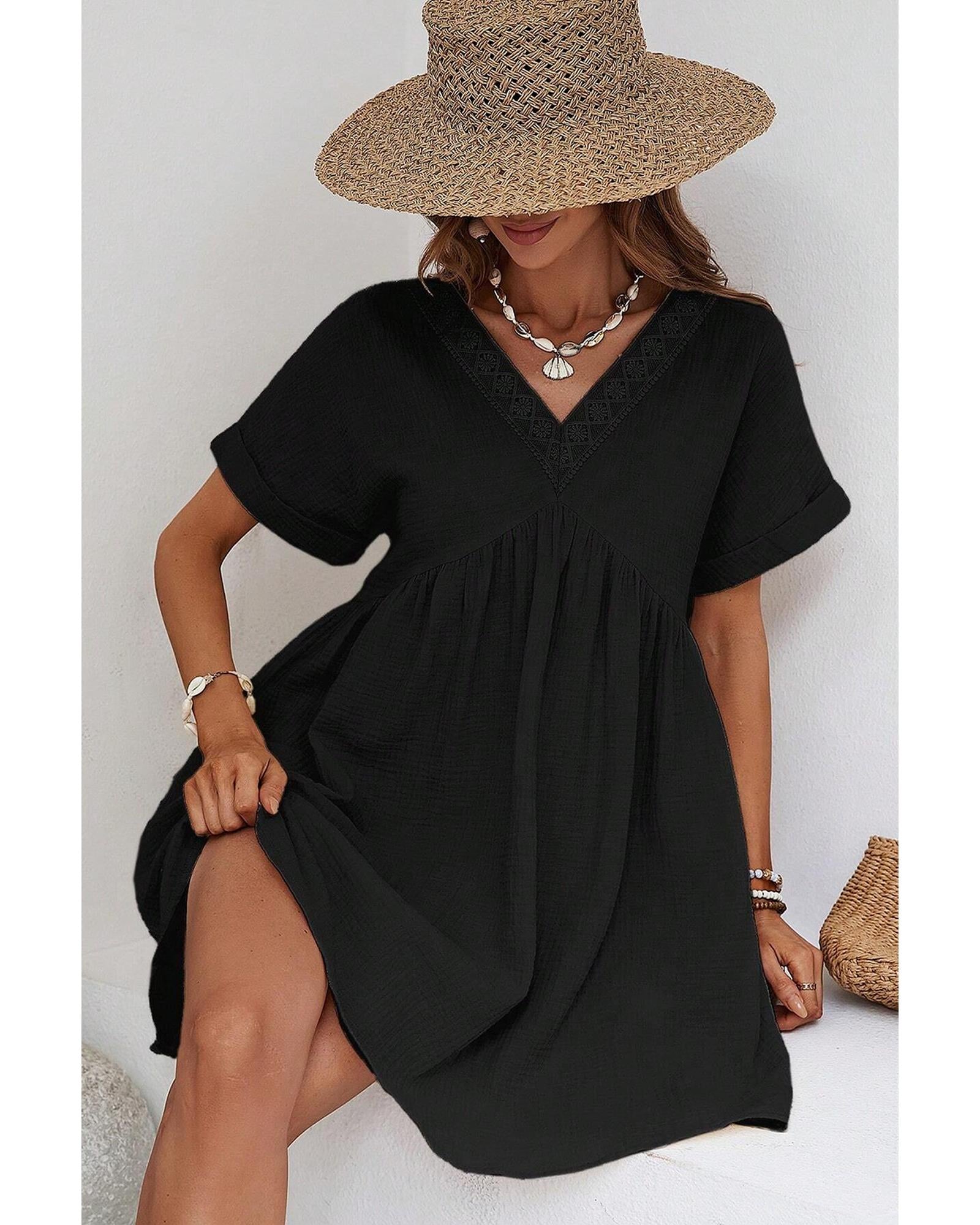 Black Folded Short Sleeve Lace V Neck Mini Dress - S