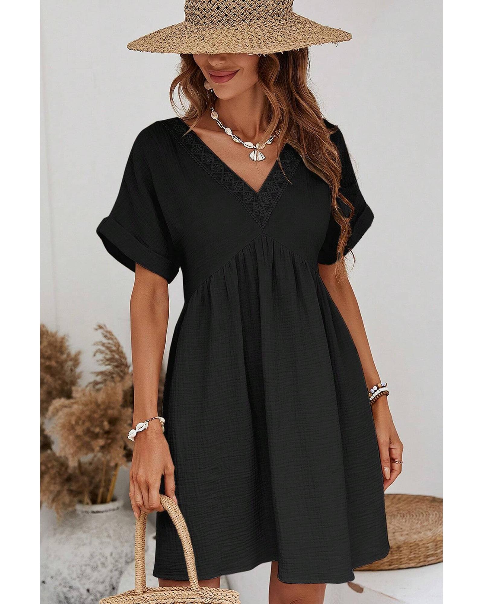 Black Folded Short Sleeve Lace V Neck Mini Dress - S