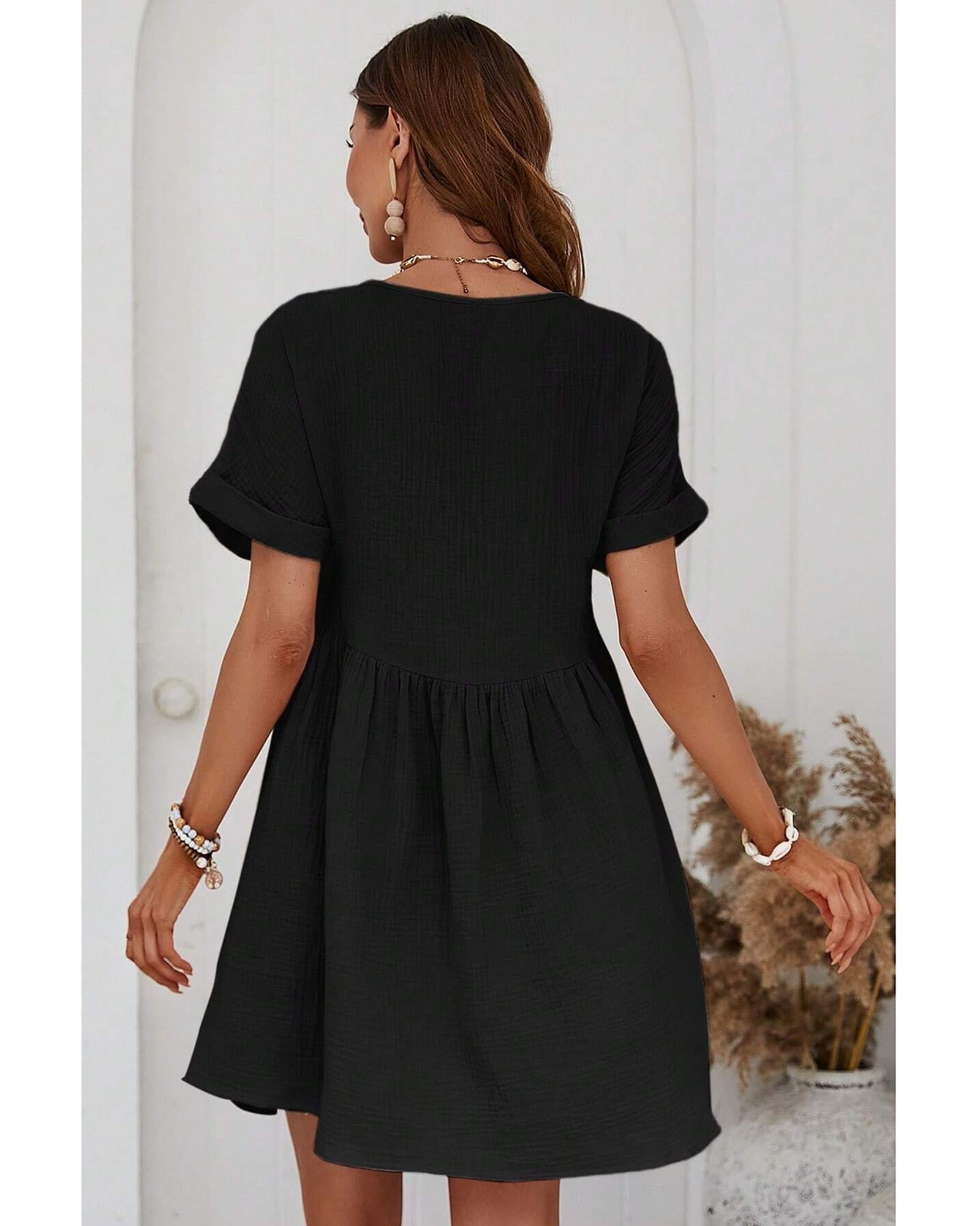 Black Folded Short Sleeve Lace V Neck Mini Dress - S