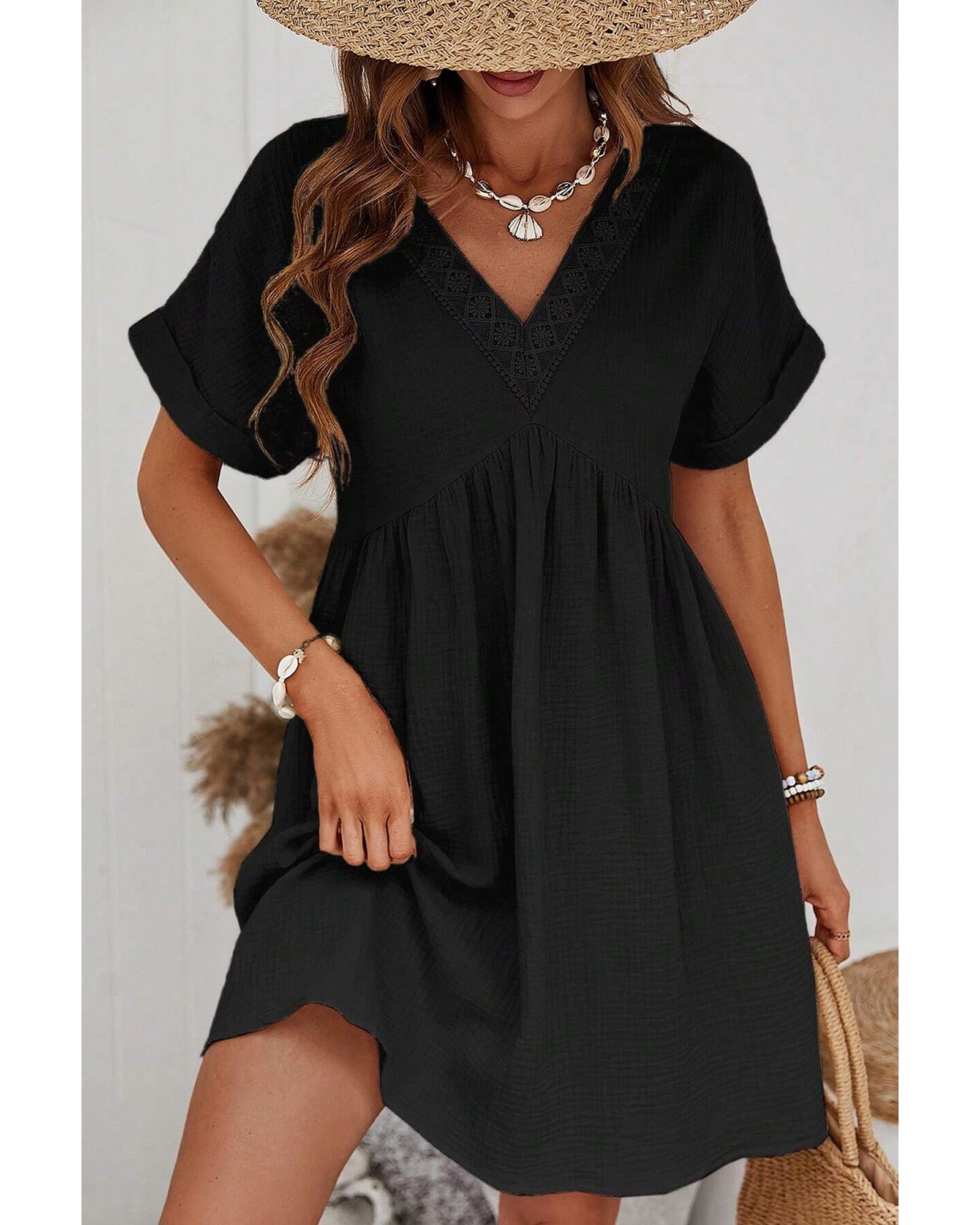 Black Folded Short Sleeve Lace V Neck Mini Dress - S
