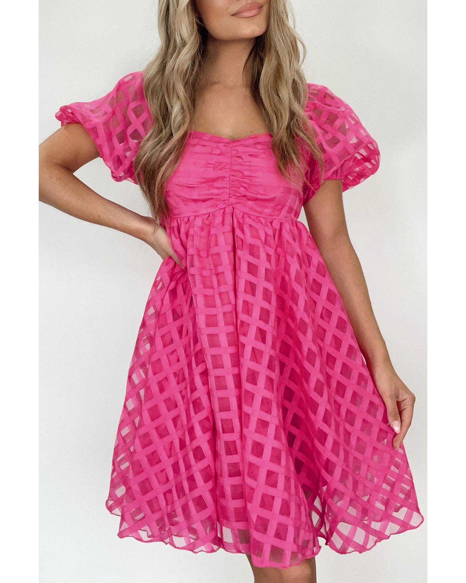 Strawberry Pink Checkered Puff Sleeve Babydoll Dress - L