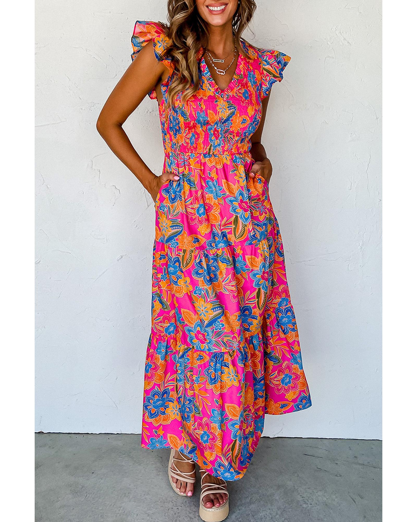 Rose Red Boho Floral V Neck Ruffle Tiered Long Dress - M