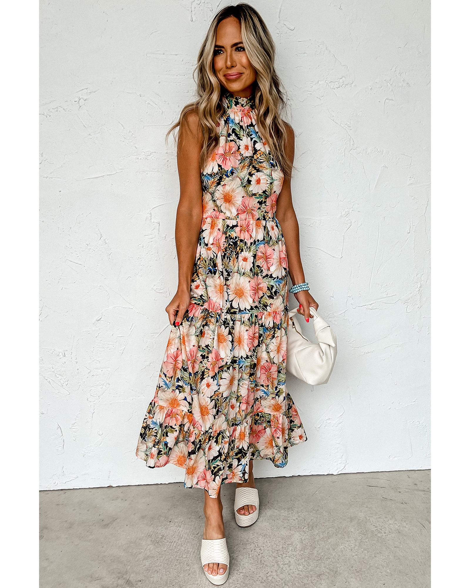 Black Boho Floral Print Knotted Halter Ruffled Maxi Dress - L
