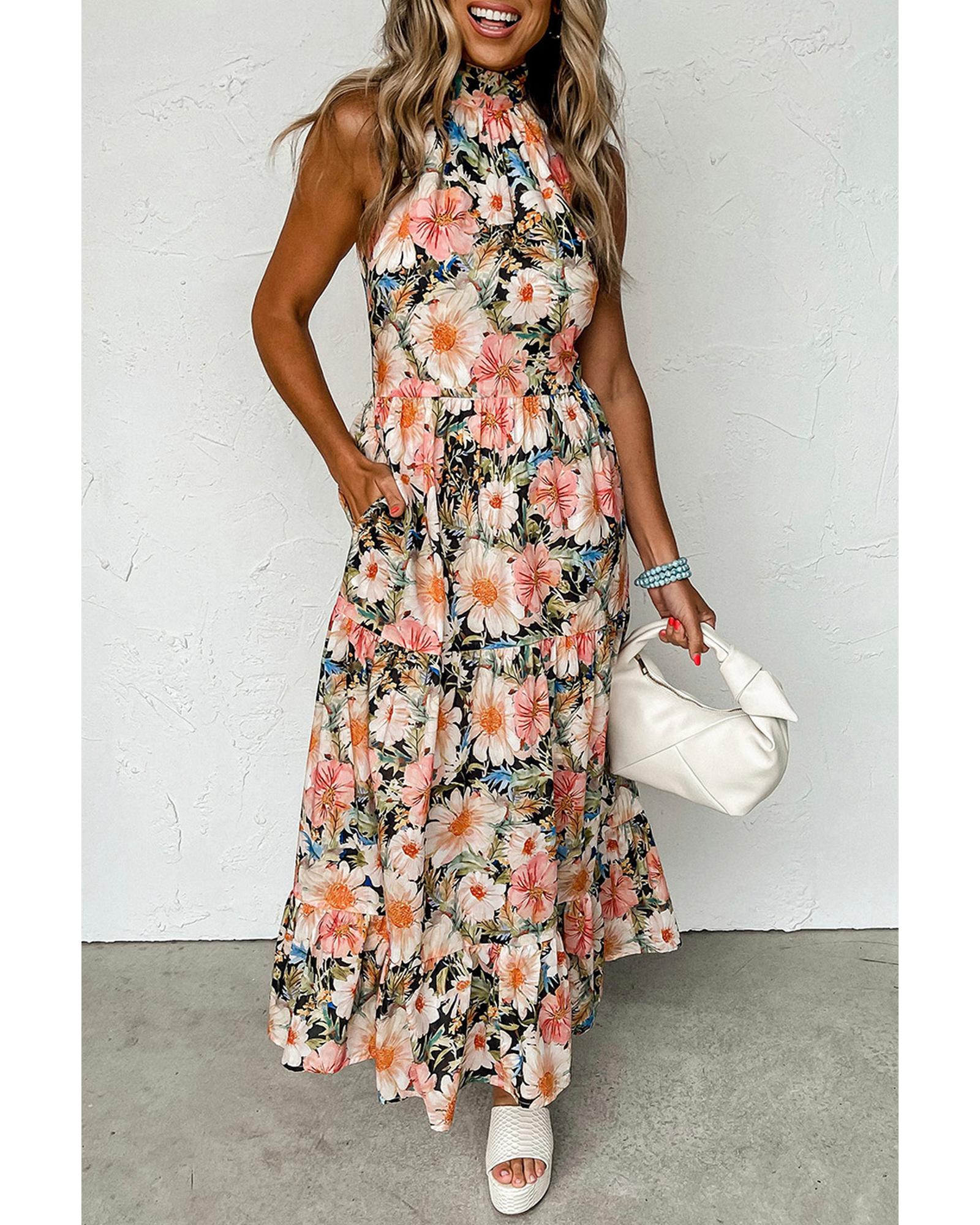 Black Boho Floral Print Knotted Halter Ruffled Maxi Dress - L
