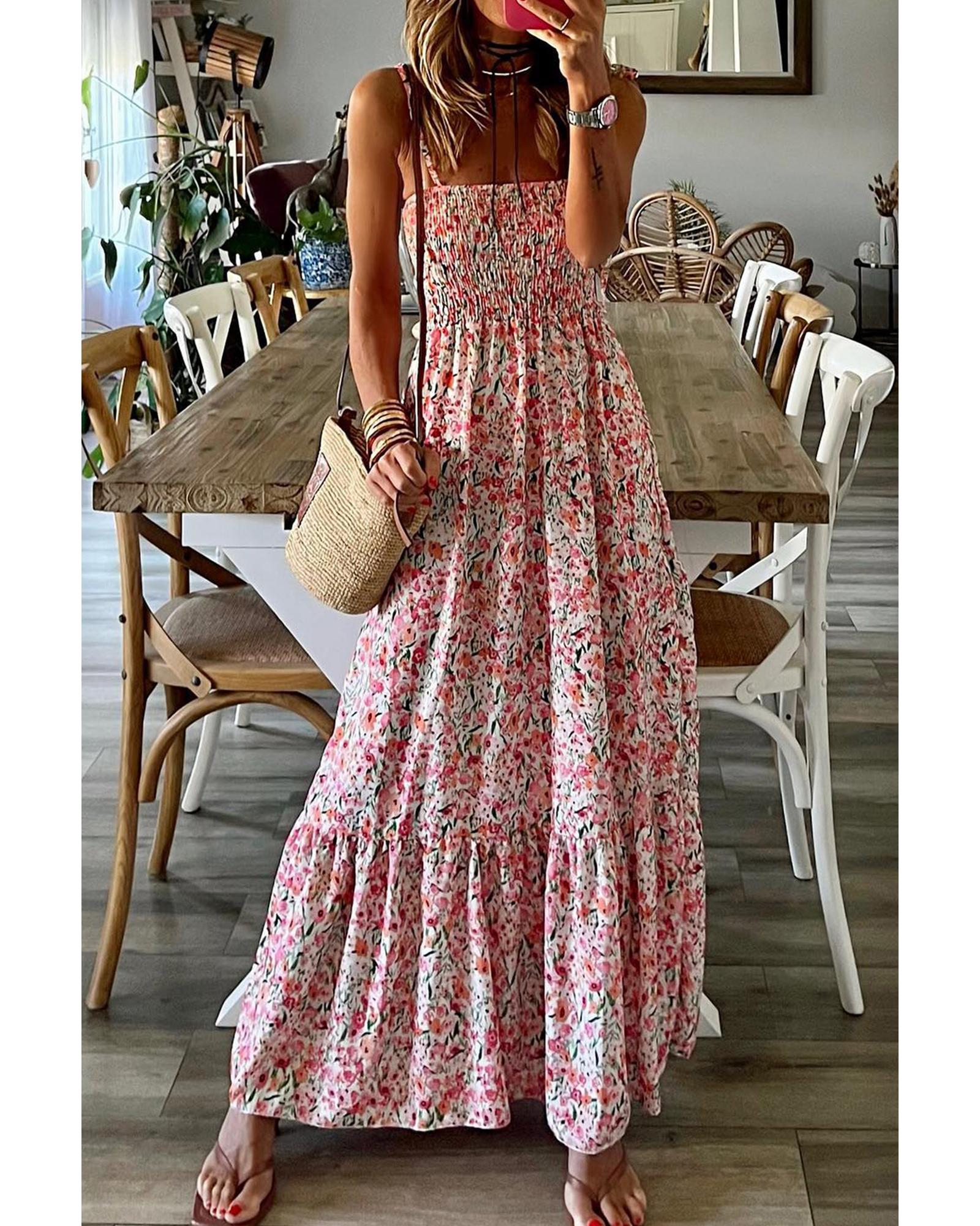 White Boho Floral Smocked Ruffled Maxi Dress - XL