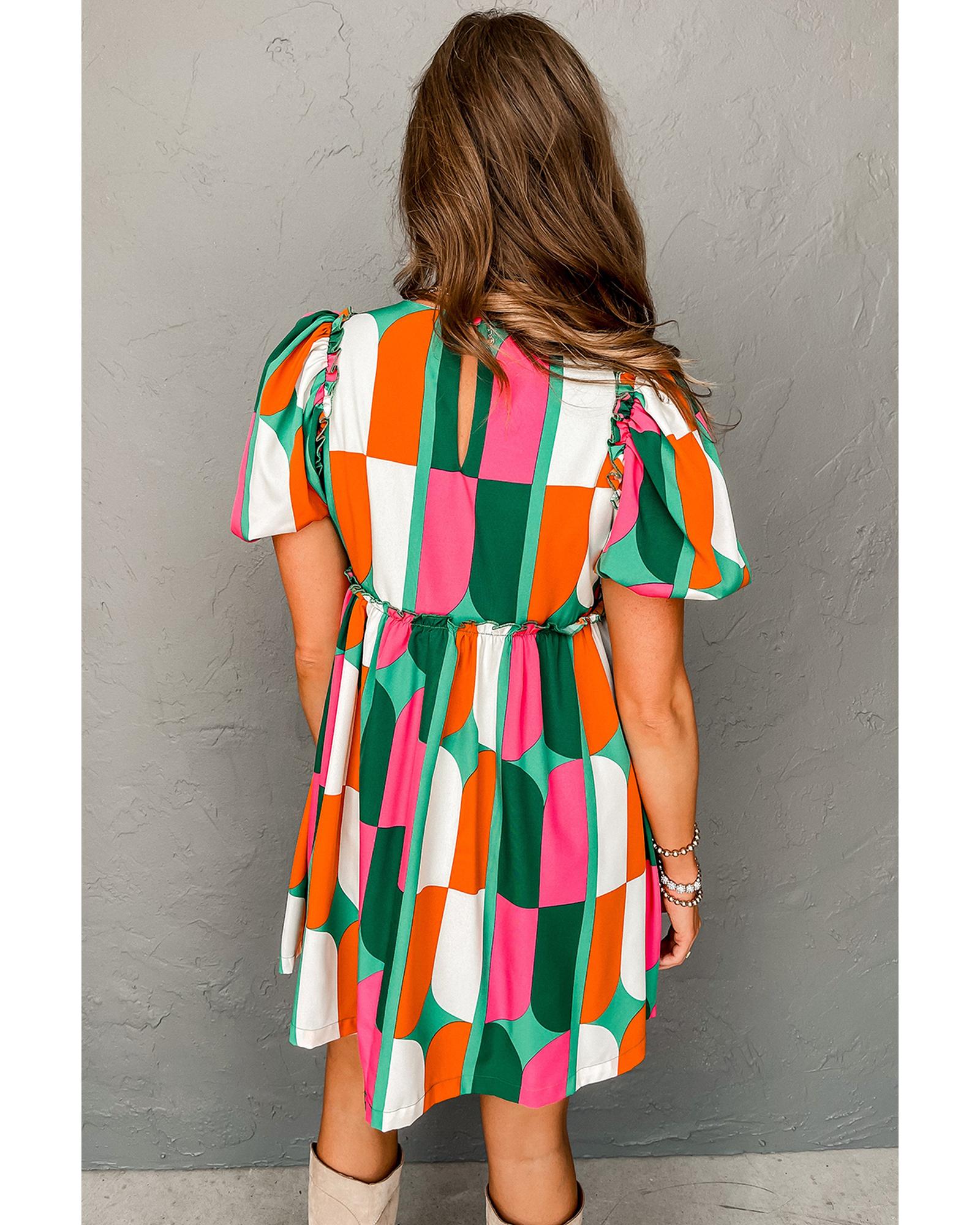 Green Abstract Print Puff Sleeve Short Dress - S