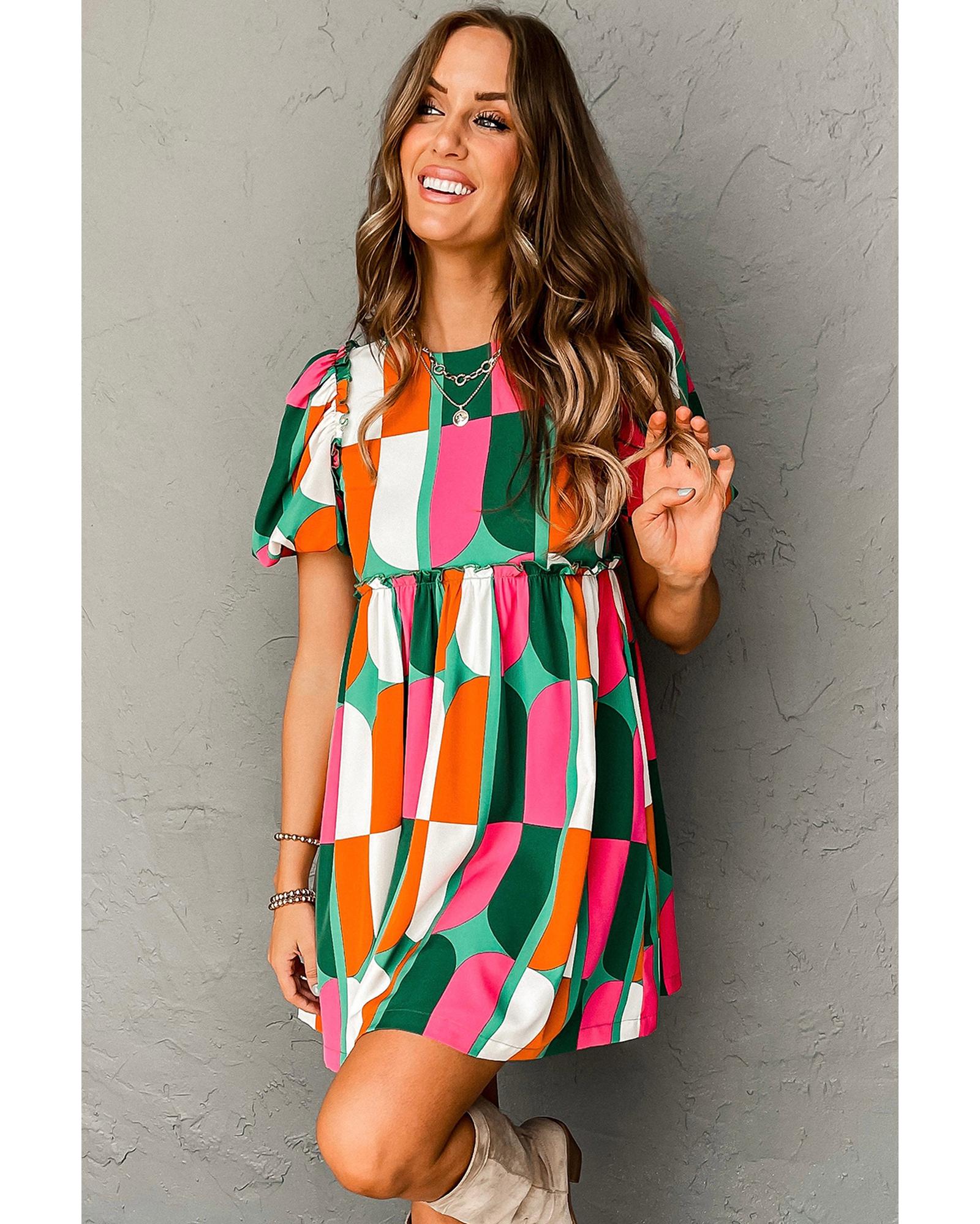 Green Abstract Print Puff Sleeve Short Dress - S