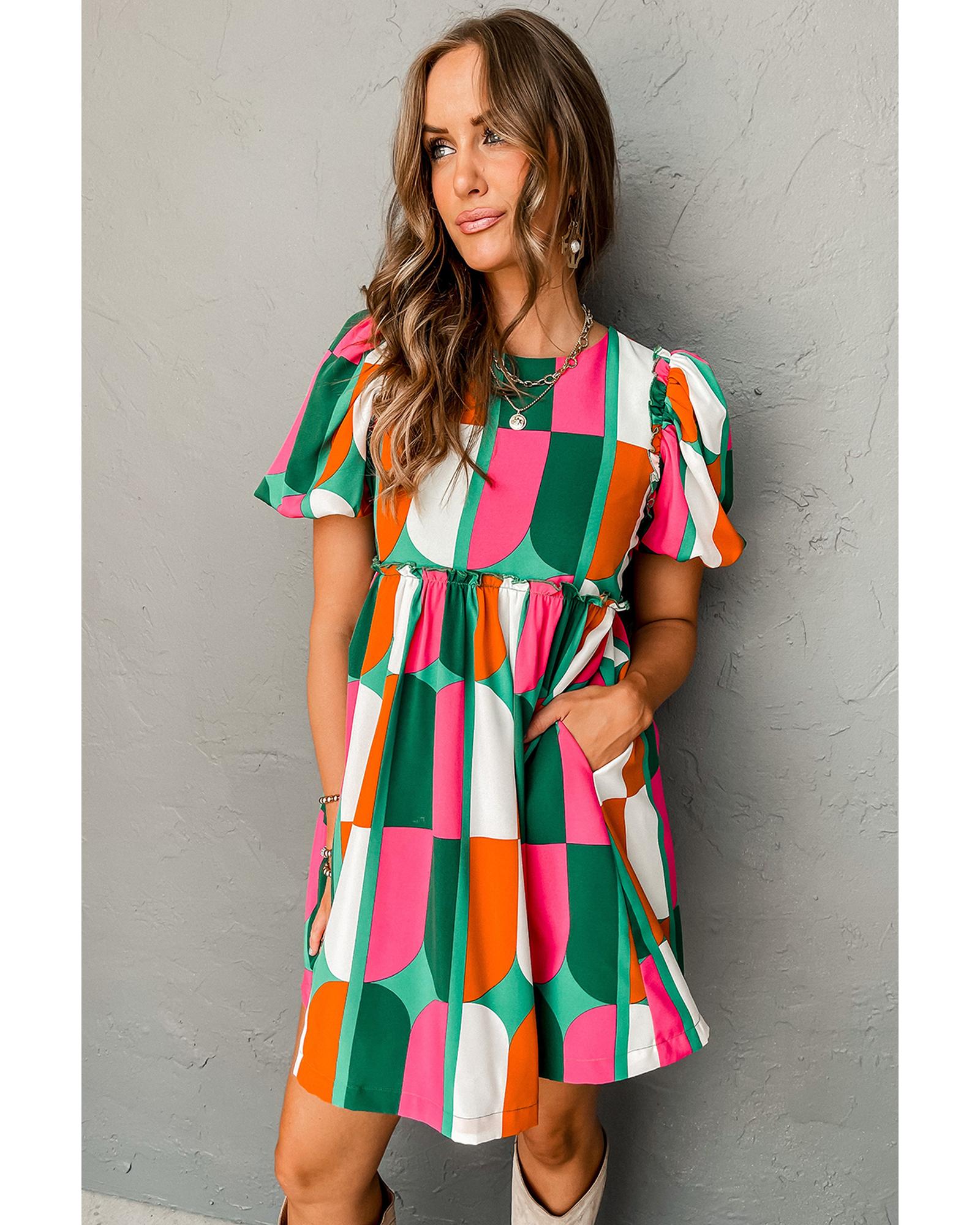 Green Abstract Print Puff Sleeve Short Dress - S