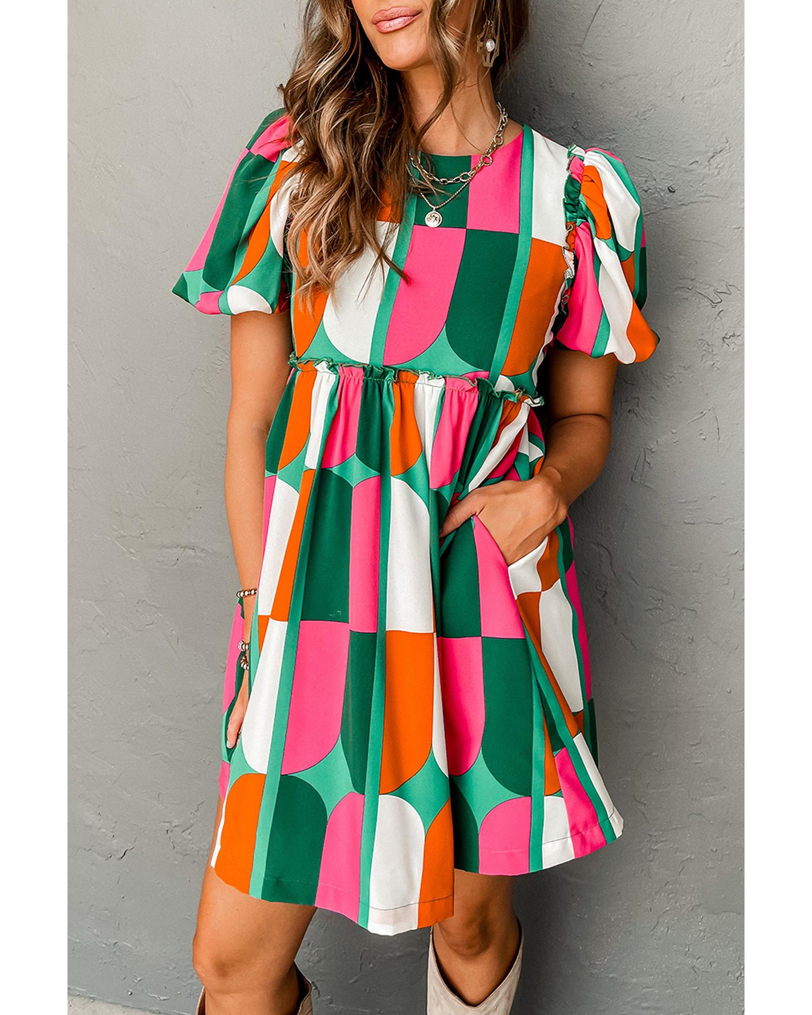 Green Abstract Print Puff Sleeve Short Dress - S