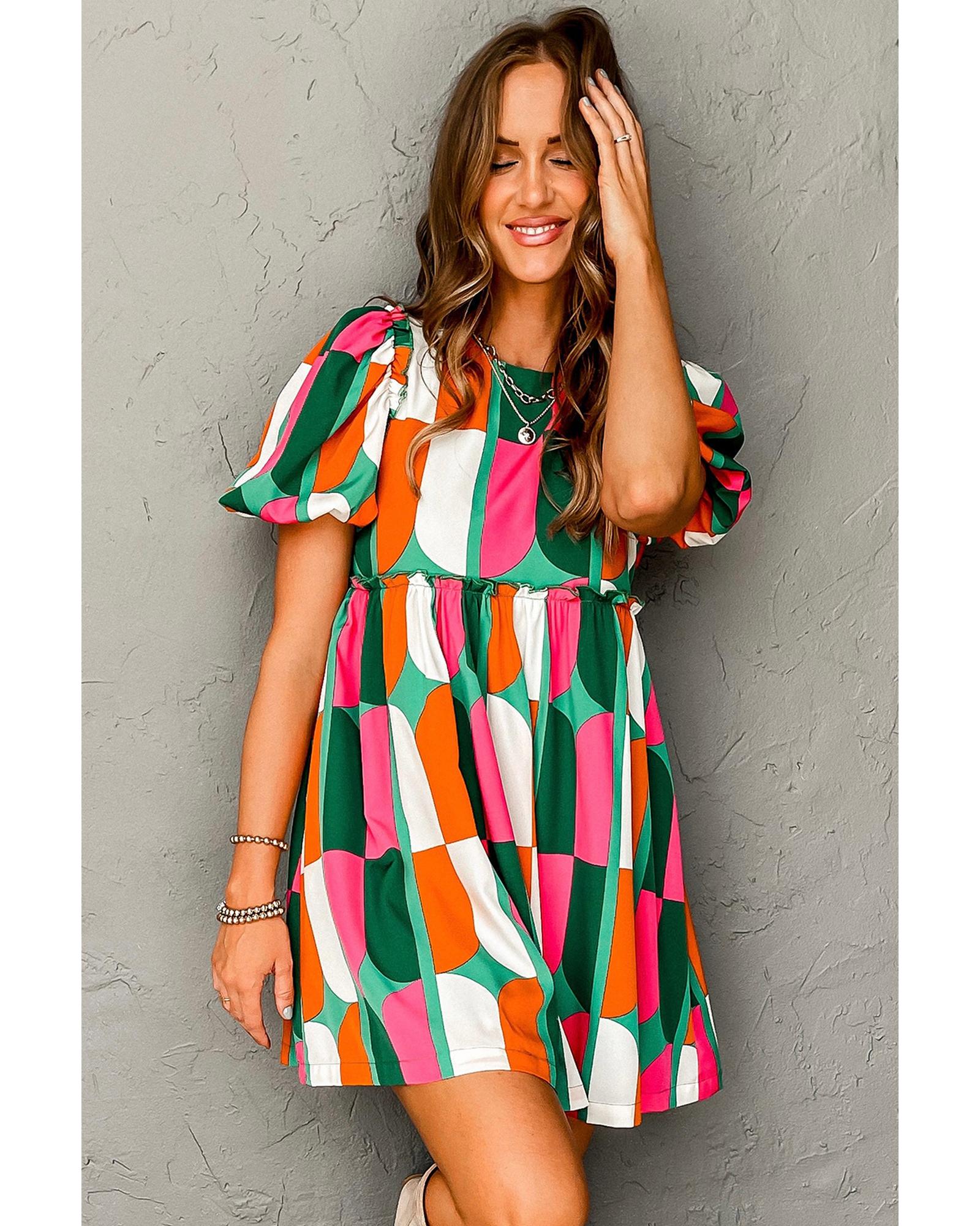 Green Abstract Print Puff Sleeve Short Dress - S