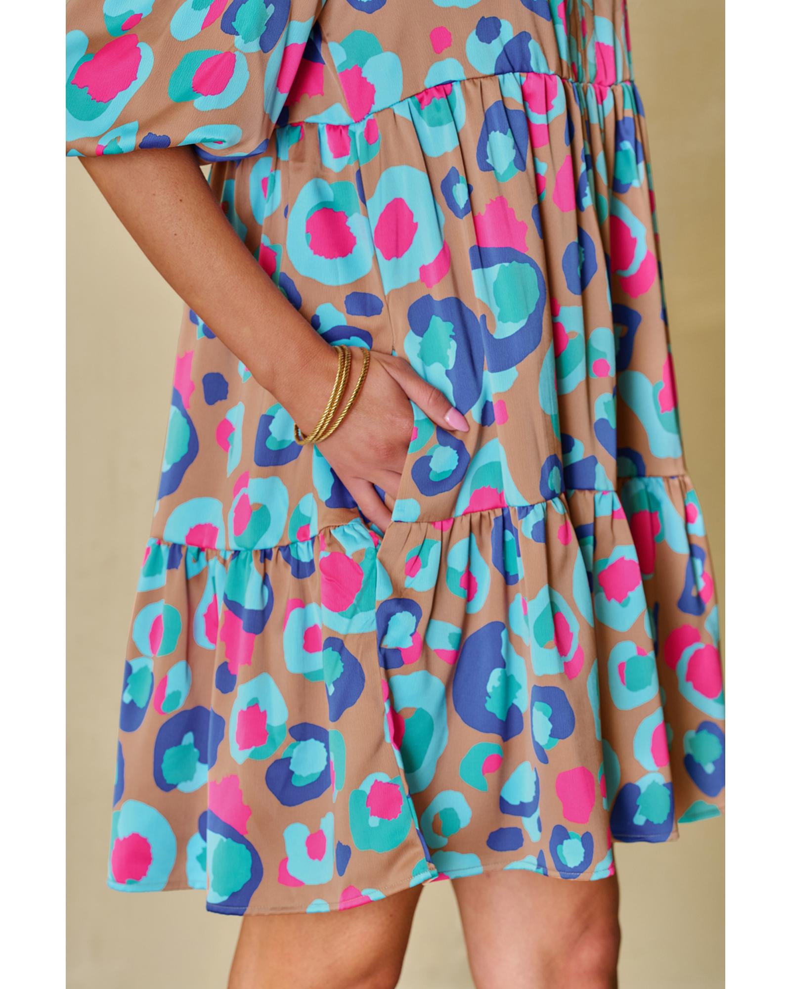 Green Leopard Print Bubble Sleeve Slit Neck Ruffled Dress - M