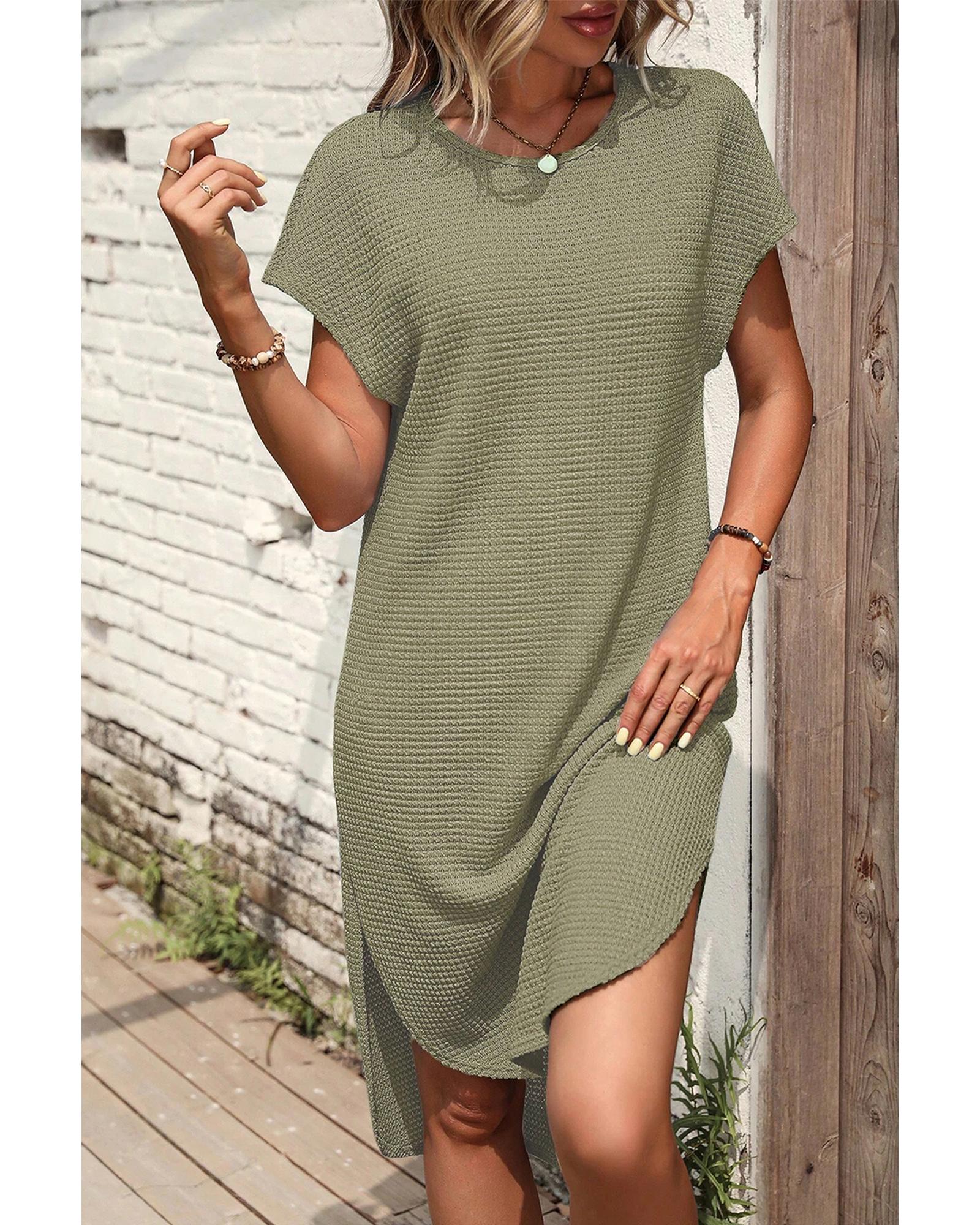 Jungle Green Waffle Texture Curved Hem Side Slit T-shirt Dress - M