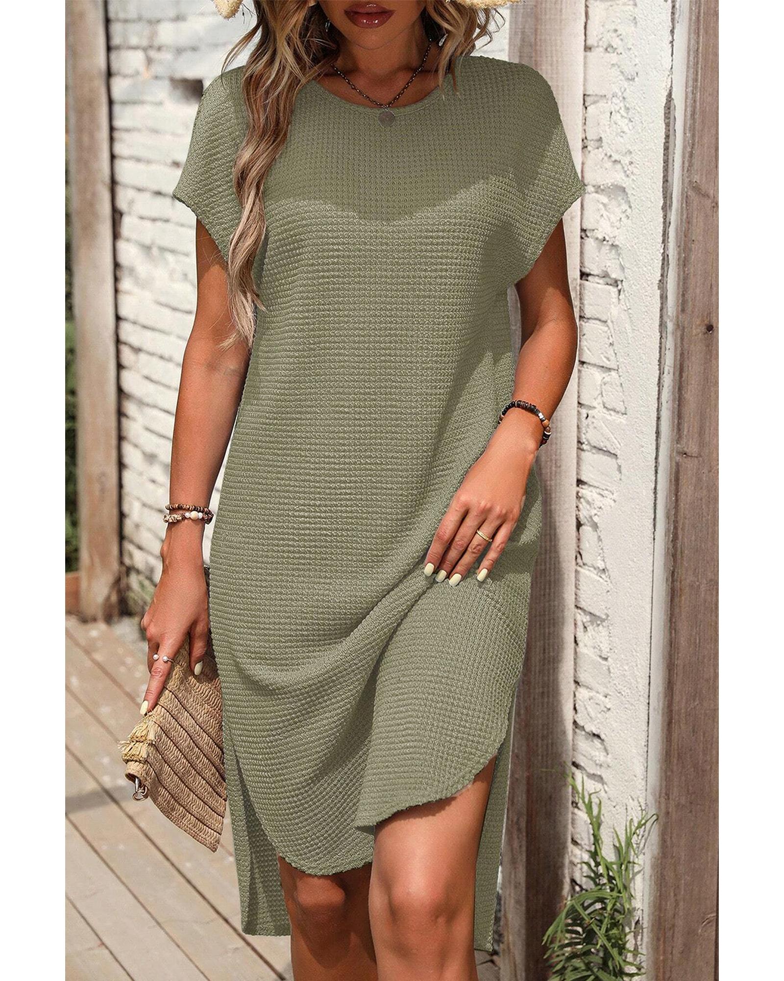 Jungle Green Waffle Texture Curved Hem Side Slit T-shirt Dress - S