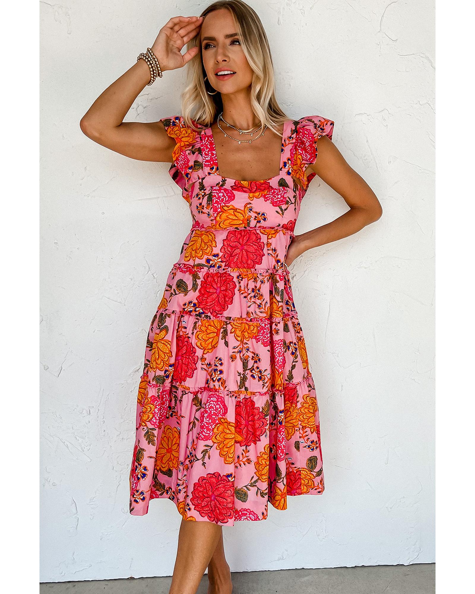 Pink Floral Square Neck Ruffled Flutter Sleeve Tiered Midi Dress - S