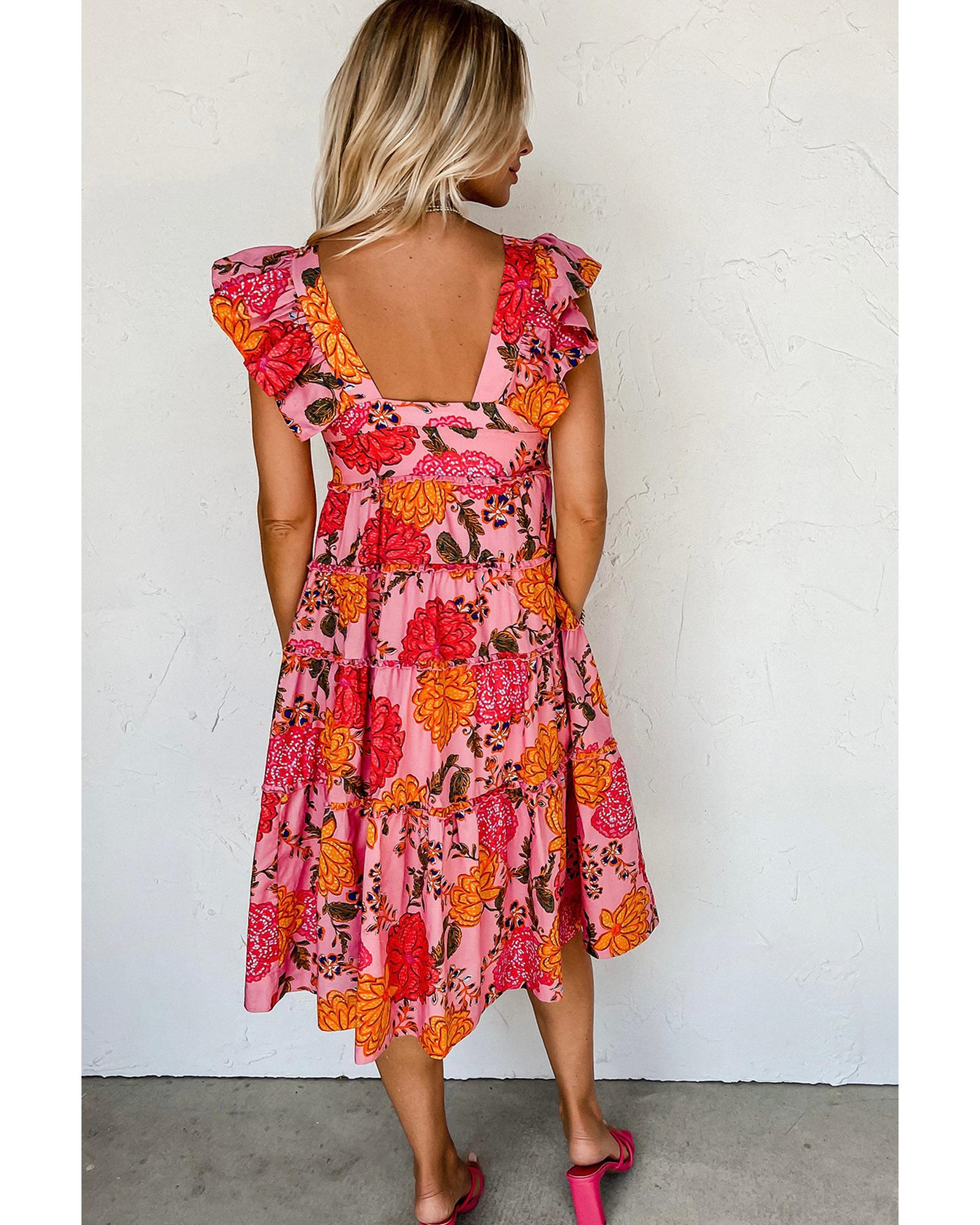 Pink Floral Square Neck Ruffled Flutter Sleeve Tiered Midi Dress - XL
