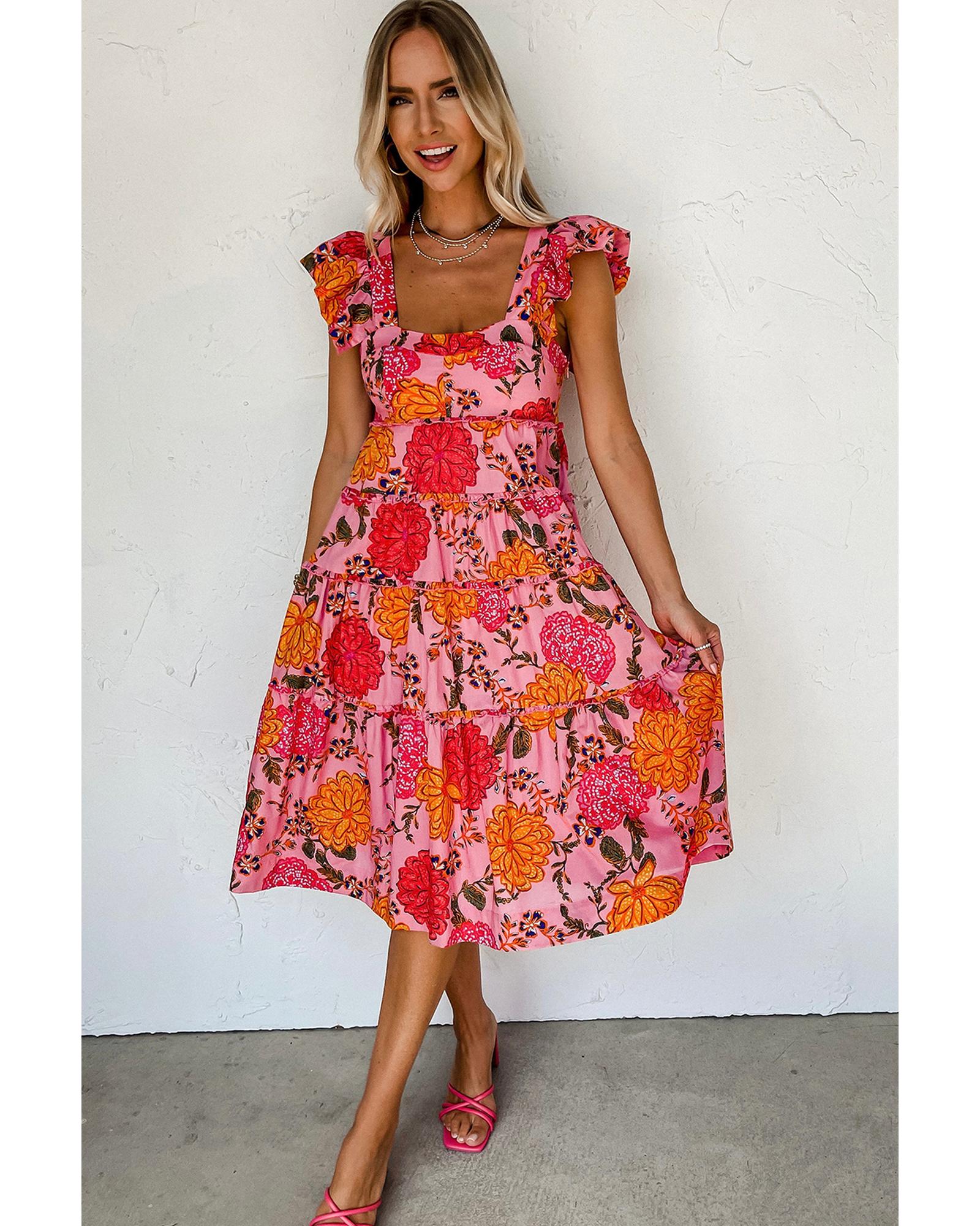 Pink Floral Square Neck Ruffled Flutter Sleeve Tiered Midi Dress - XL