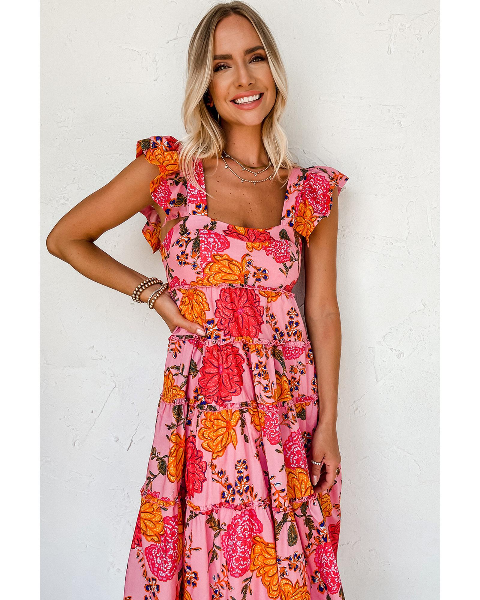 Pink Floral Square Neck Ruffled Flutter Sleeve Tiered Midi Dress - XL