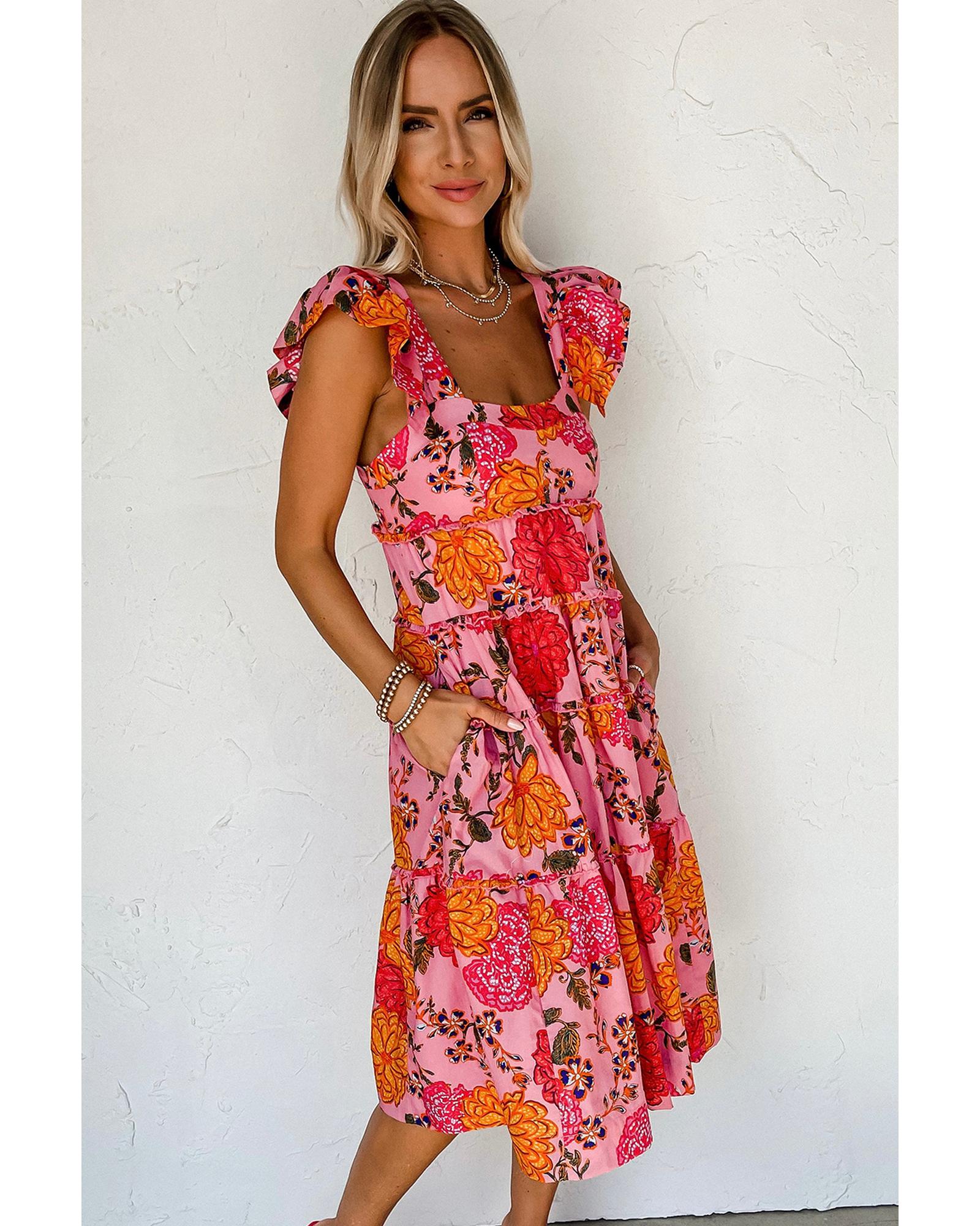 Pink Floral Square Neck Ruffled Flutter Sleeve Tiered Midi Dress - XL