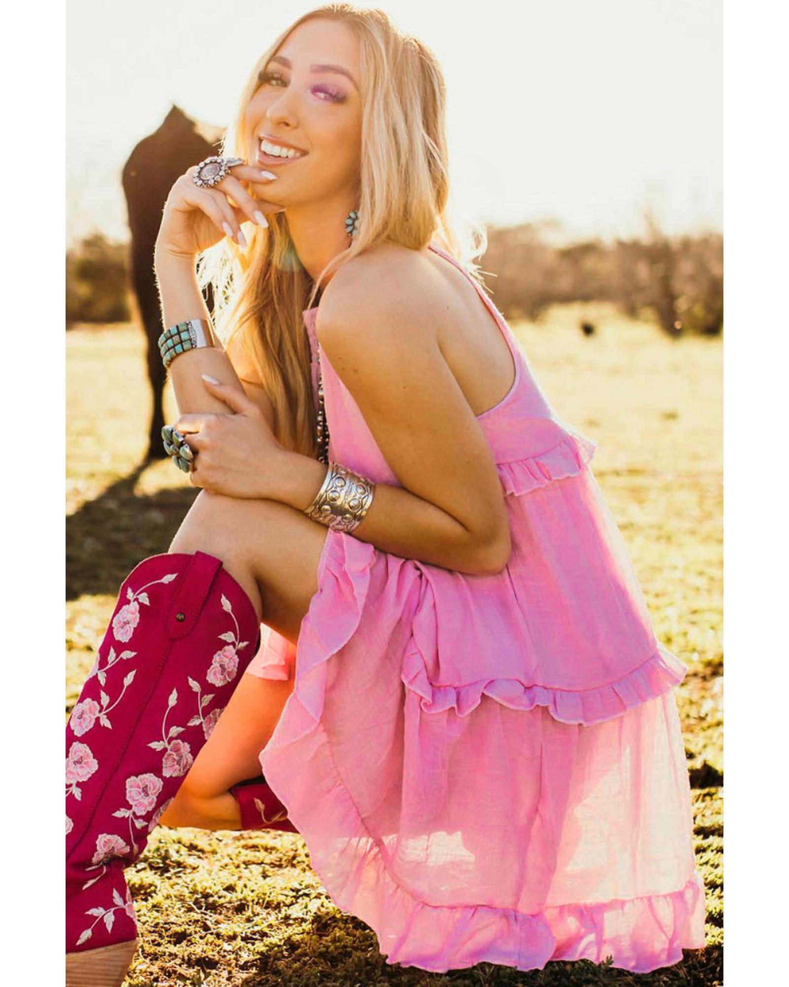 Pink Smocked Neck Knot Back Frilly Tiered Sleeveless Mini Dress - M