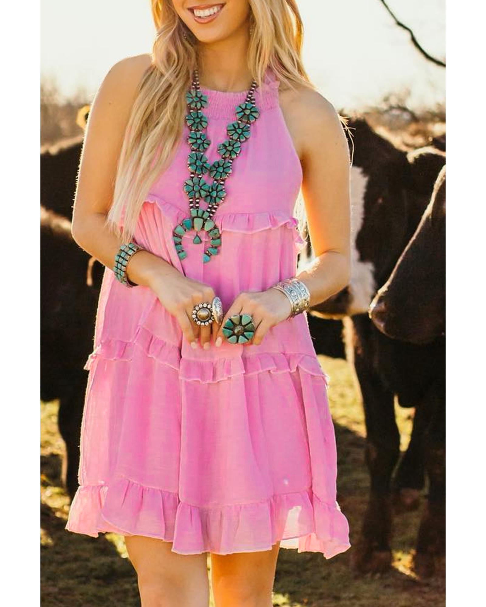 Pink Smocked Neck Knot Back Frilly Tiered Sleeveless Mini Dress - S