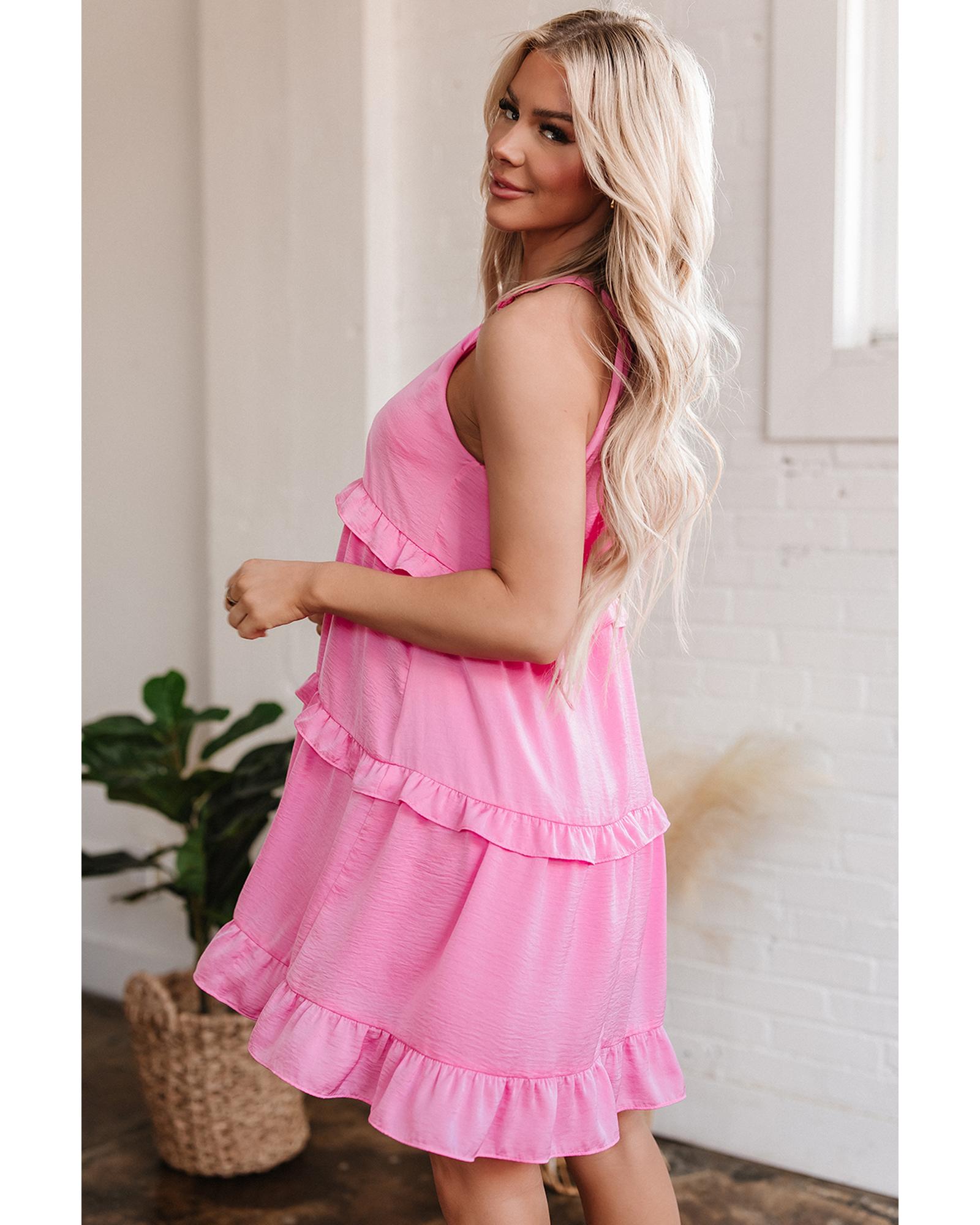 Pink Smocked Neck Knot Back Frilly Tiered Sleeveless Mini Dress - XL