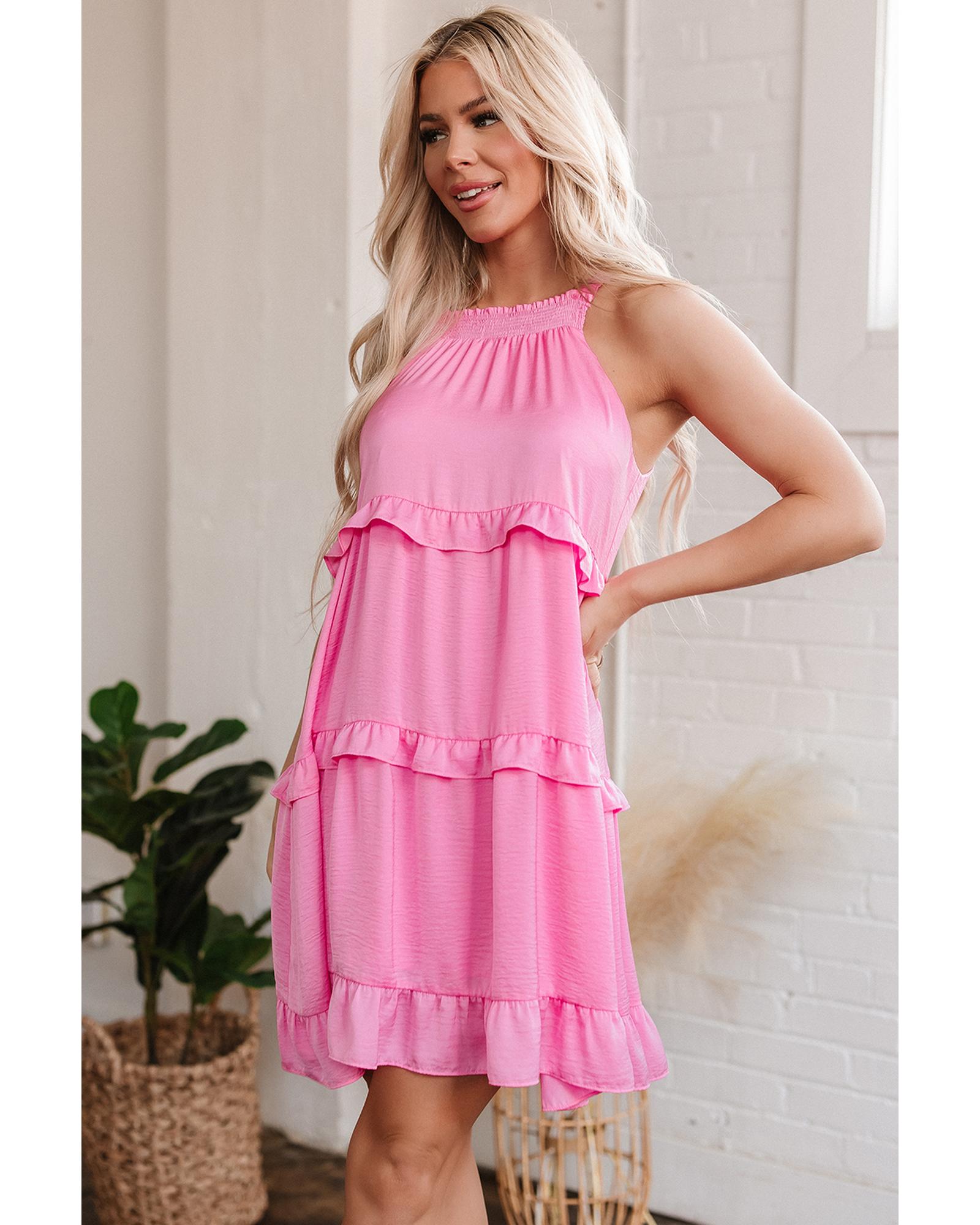 Pink Smocked Neck Knot Back Frilly Tiered Sleeveless Mini Dress - XL