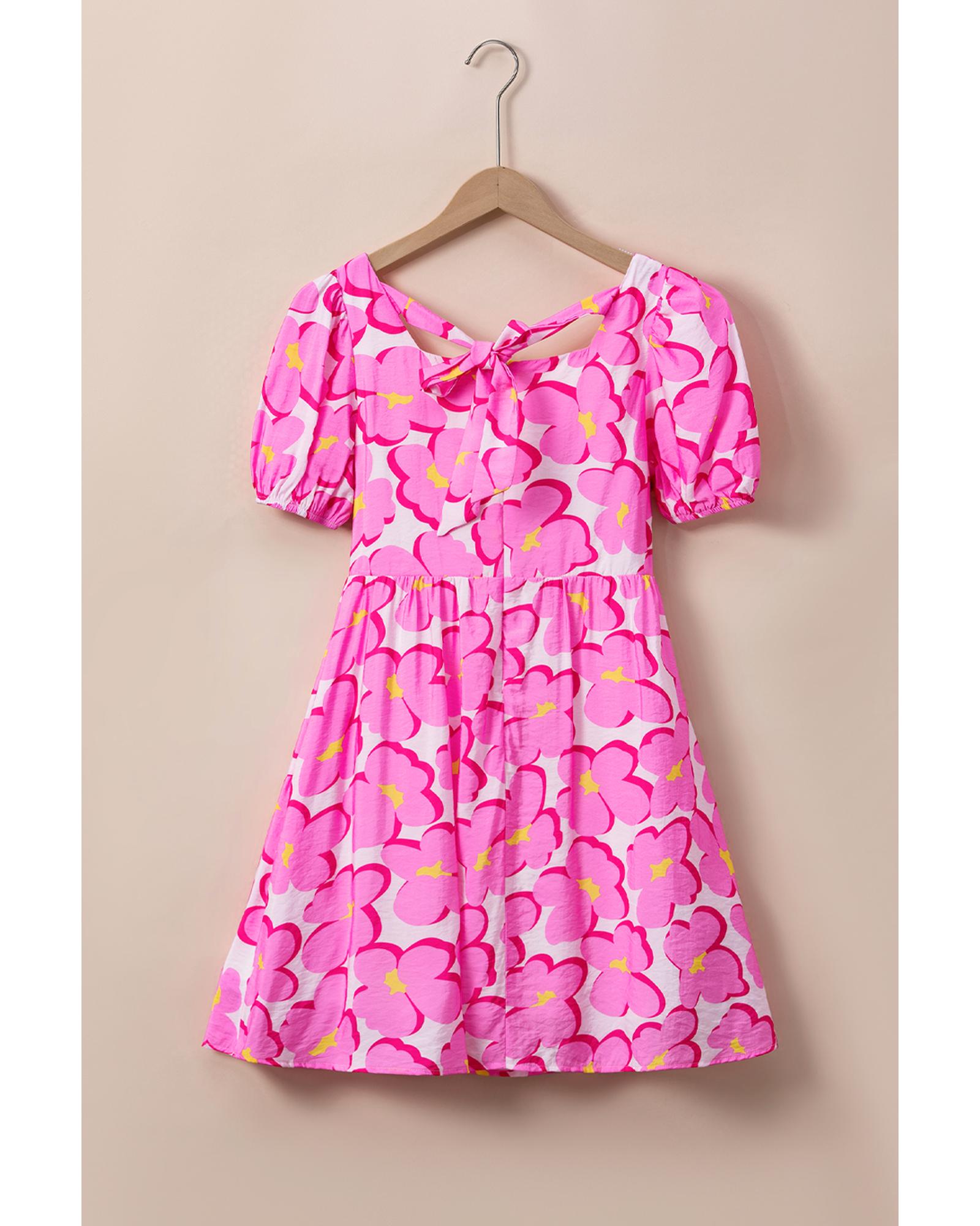 Rose Floral Print Square Neck Empire Waist Flowy Dress - L