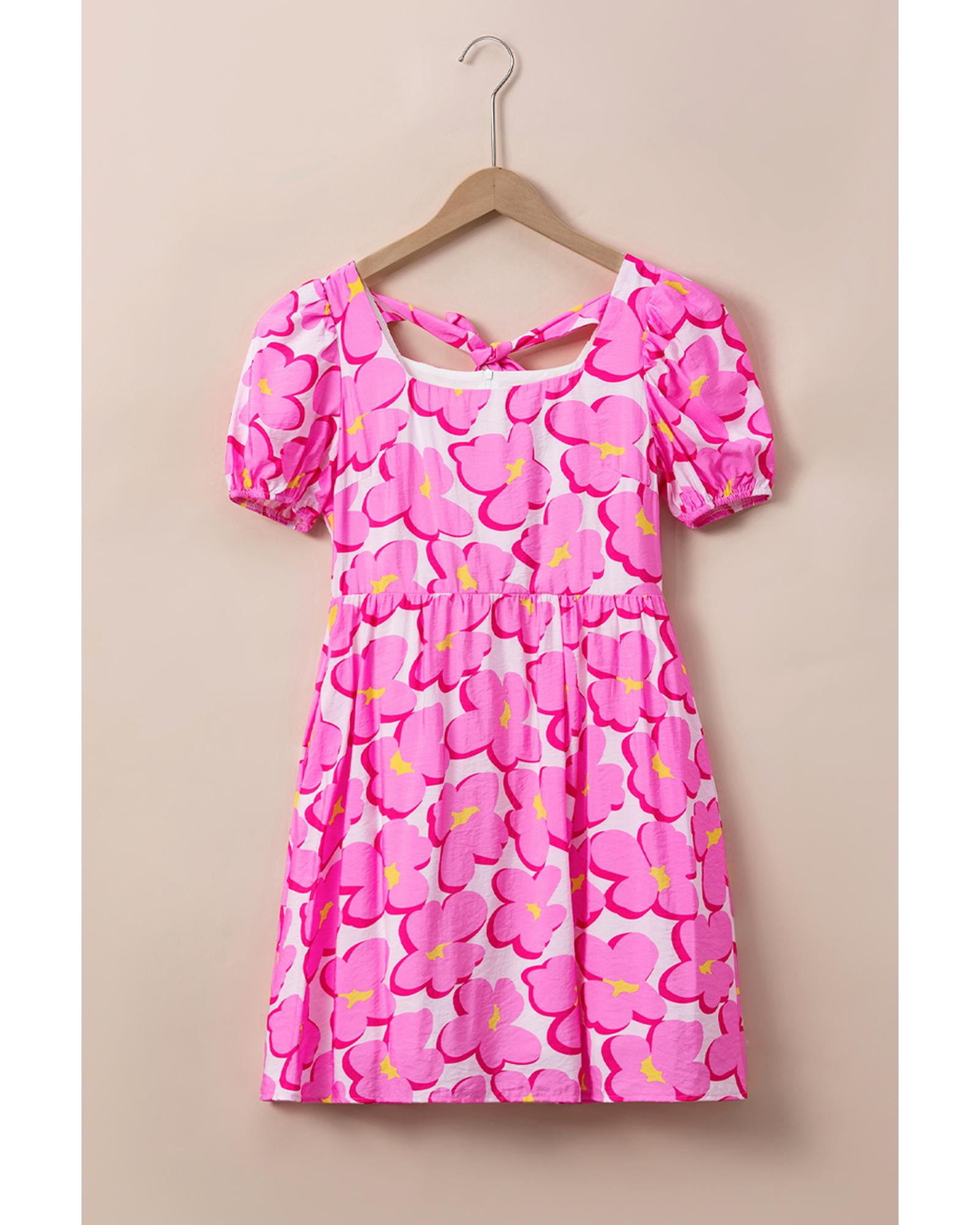 Rose Floral Print Square Neck Empire Waist Flowy Dress - M