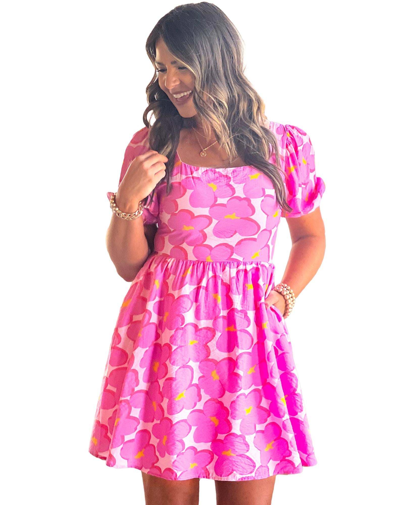 Rose Floral Print Square Neck Empire Waist Flowy Dress - S