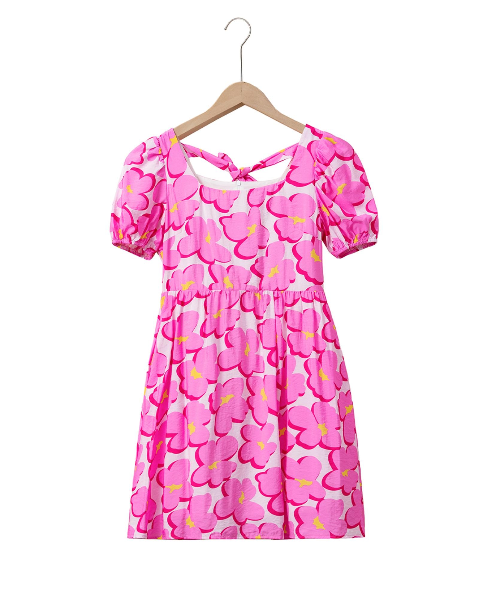 Rose Floral Print Square Neck Empire Waist Flowy Dress - S