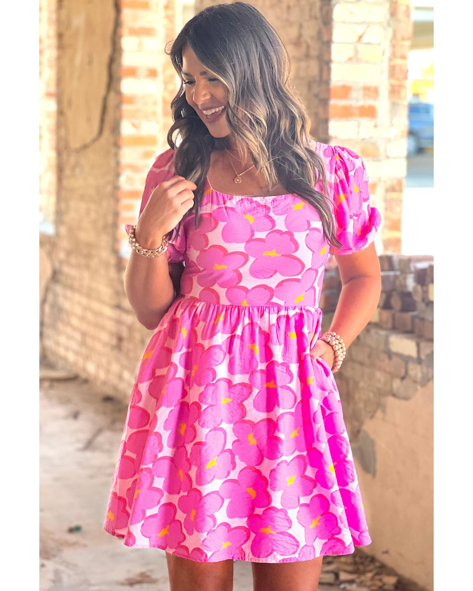 Rose Floral Print Square Neck Empire Waist Flowy Dress - S