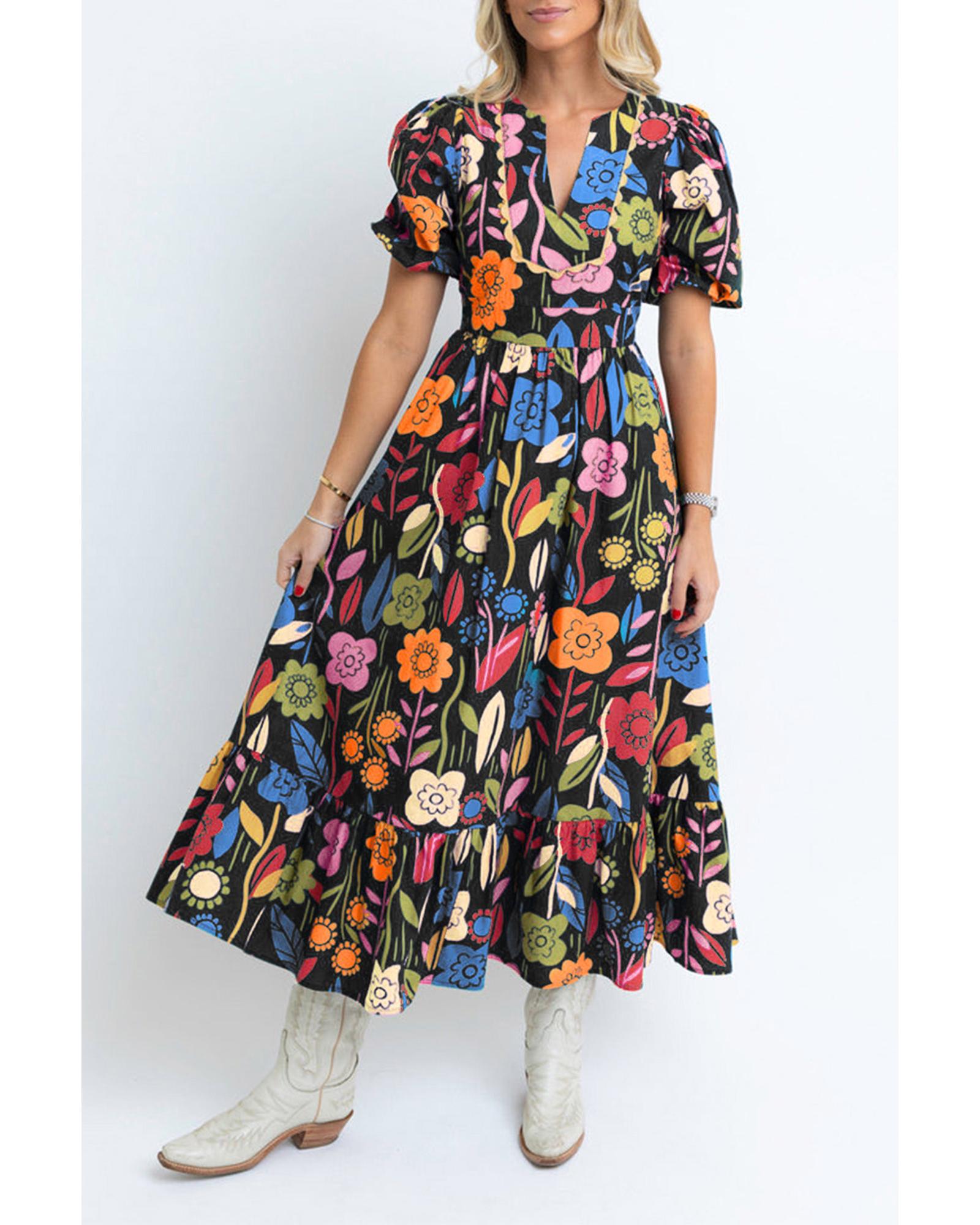 Black Retro Floral Printed Split Neck Maxi Dress - M
