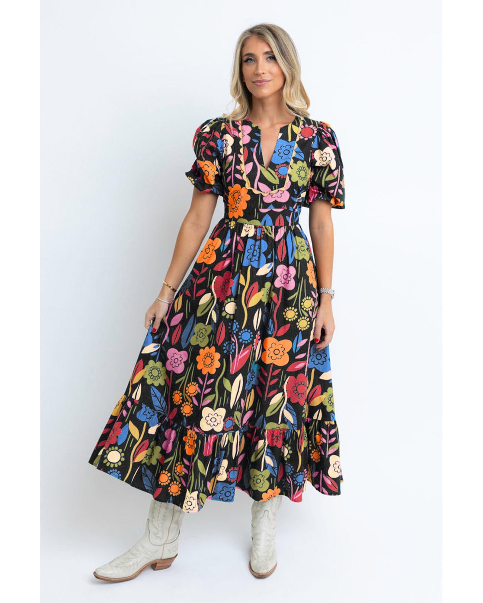 Black Retro Floral Printed Split Neck Maxi Dress - S