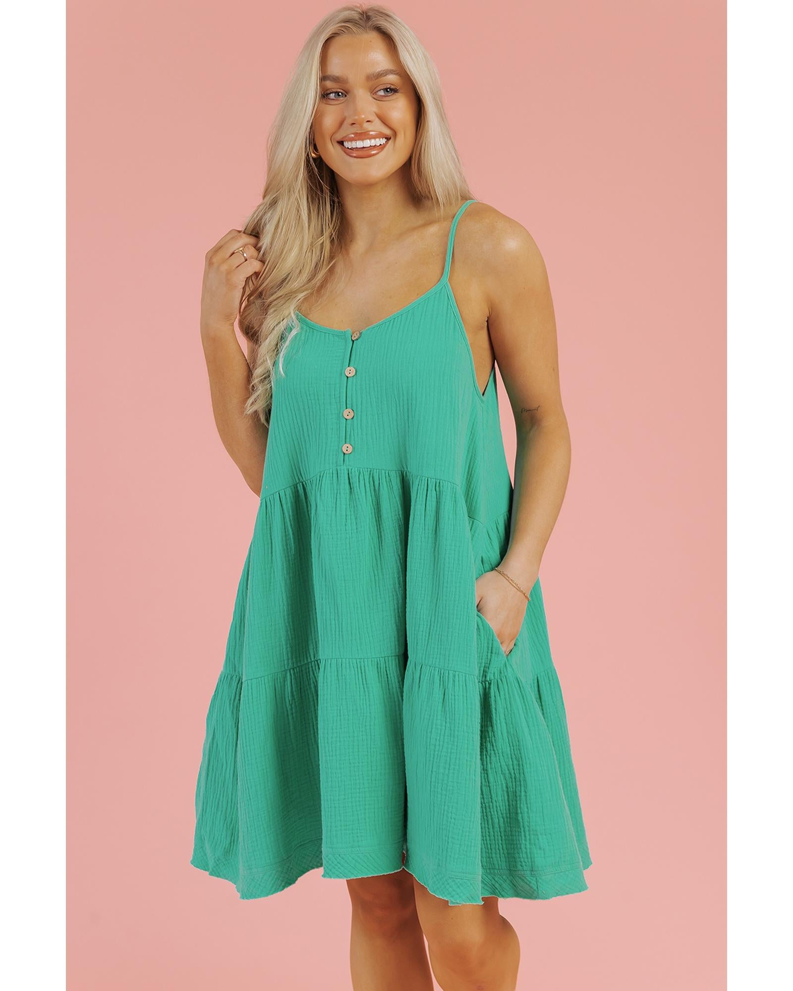 Sea Green Textured Buttoned Thin Strap Tiered Loose Fit Mini Dress - M