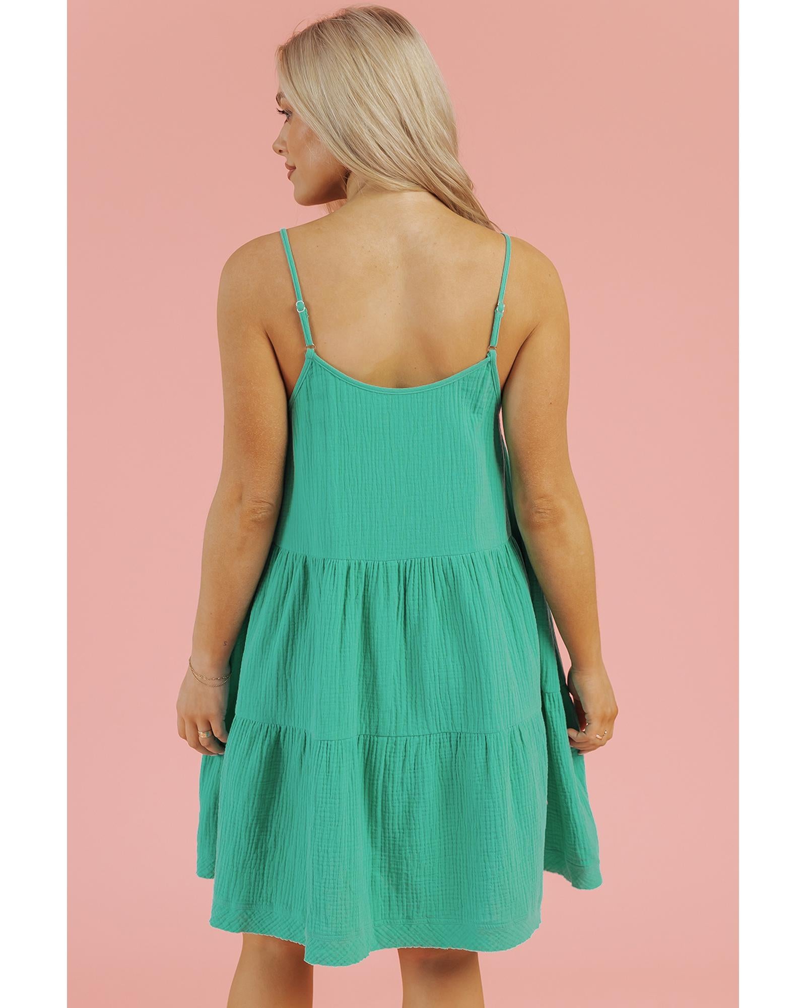 Sea Green Textured Buttoned Thin Strap Tiered Loose Fit Mini Dress - XL