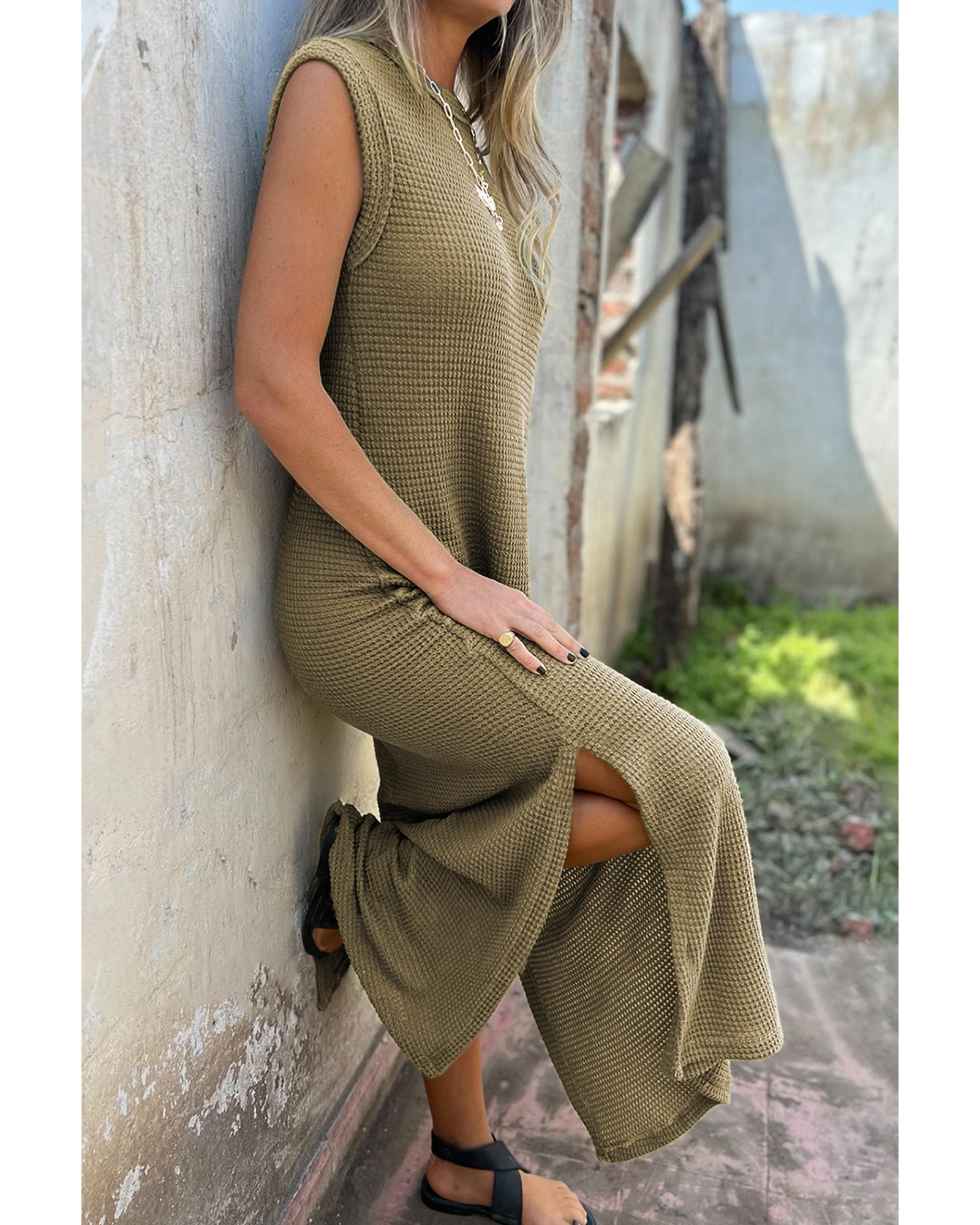 Jungle Green Waffle Knit Sleeveless Long Dress with Slits - L
