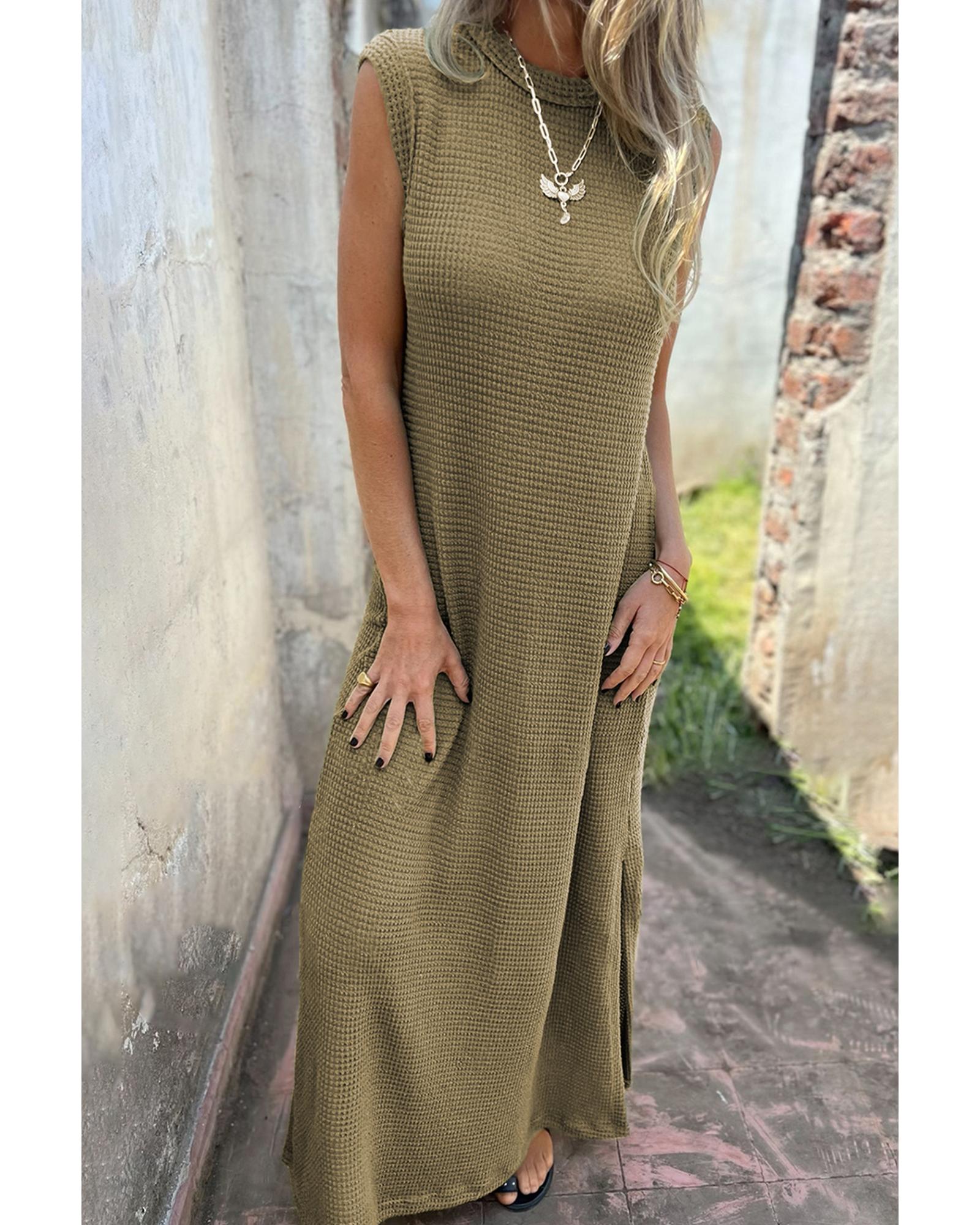 Jungle Green Waffle Knit Sleeveless Long Dress with Slits - L