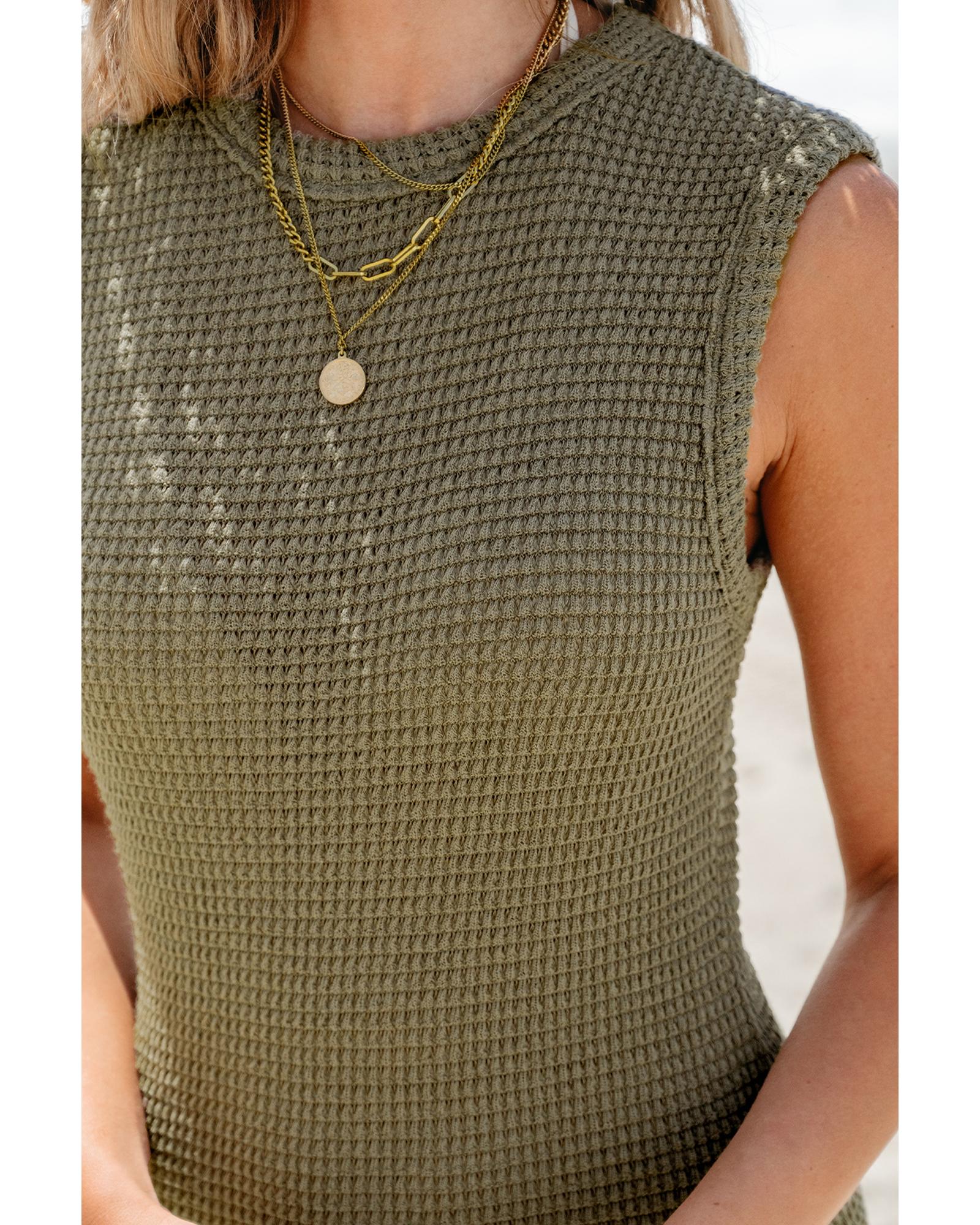 Jungle Green Waffle Knit Sleeveless Long Dress with Slits - L