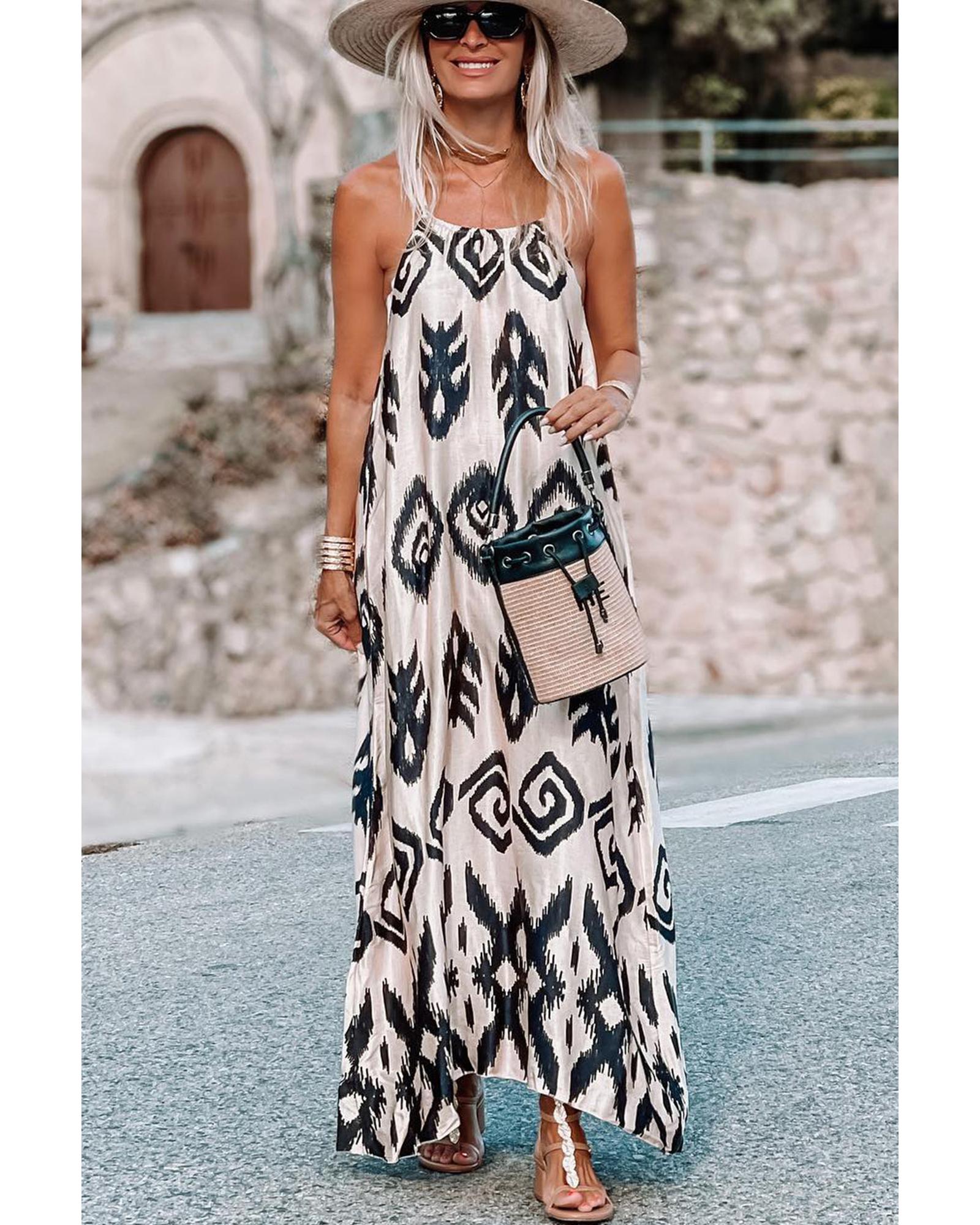 Black Western Aztec Printed Fashion Vacation Sundress - S