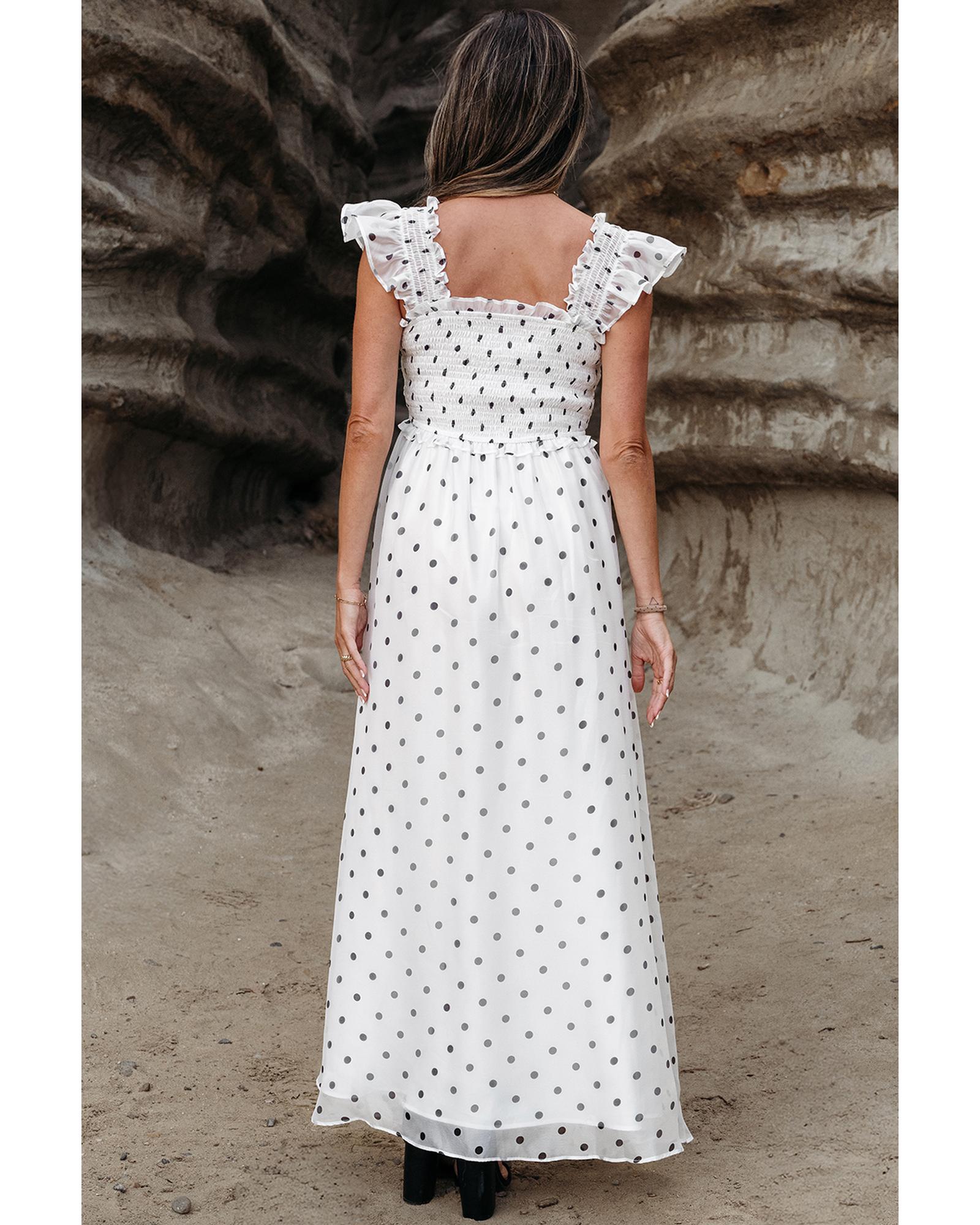 White Polka Dot Flutter Sleeve Square Neck Smocked Maxi Dress - XL