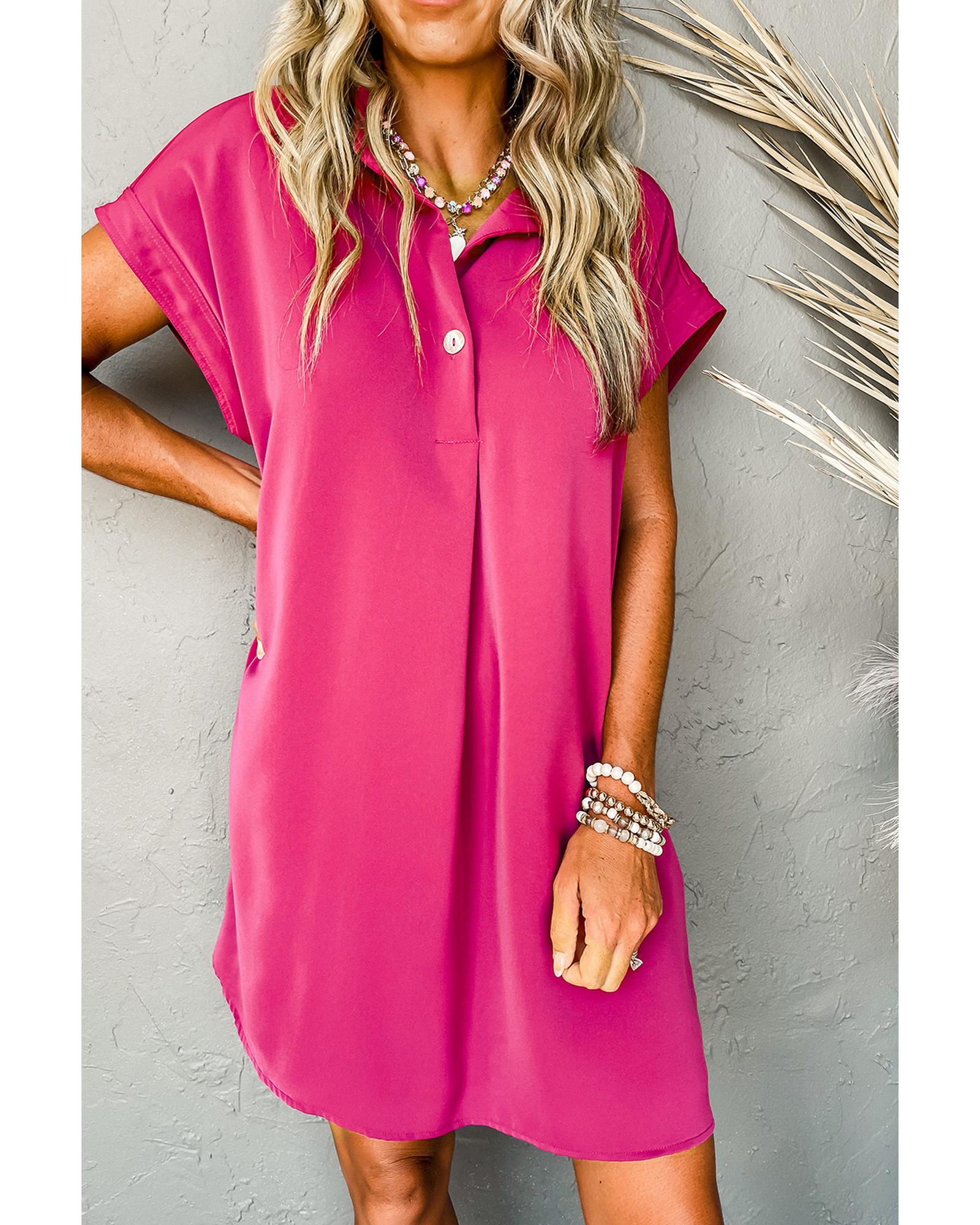 Rose Red Buttoned Collar Shift T-shirt Mini Dress - XL