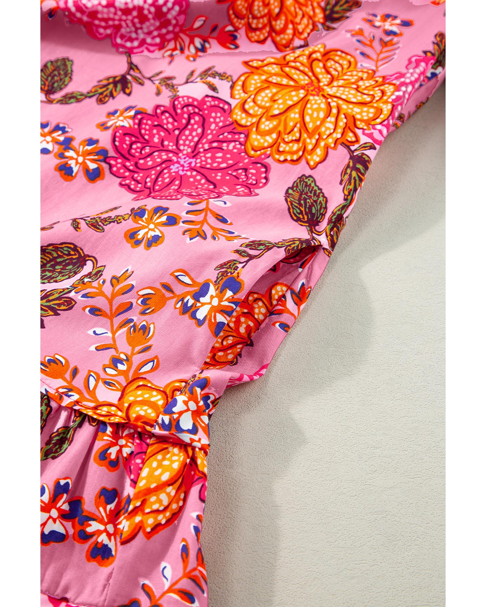 Pink Floral Bubble Sleeve V Neck Ruffled Mini Dress - L