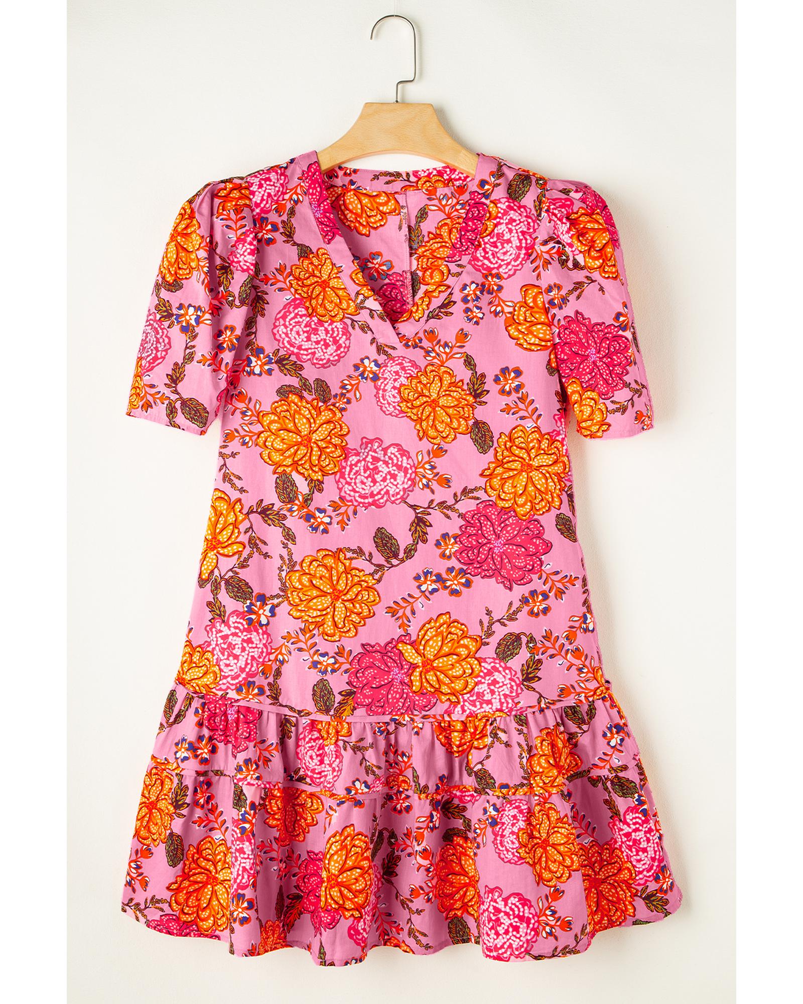 Pink Floral Bubble Sleeve V Neck Ruffled Mini Dress - L