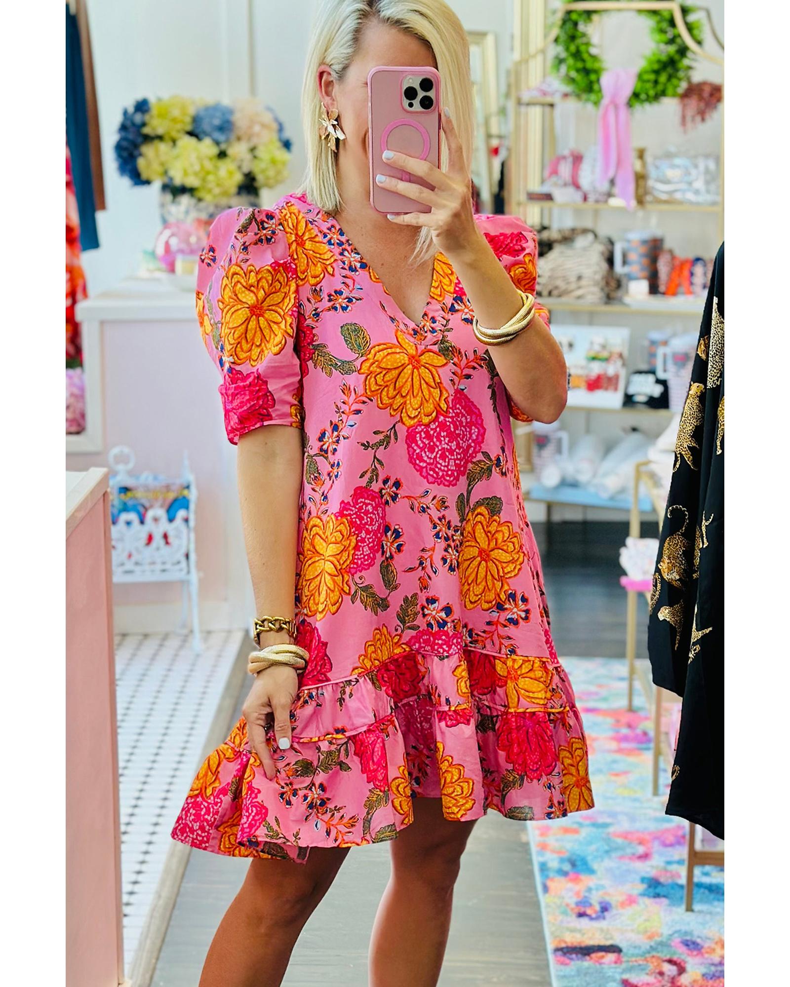 Pink Floral Bubble Sleeve V Neck Ruffled Mini Dress - L