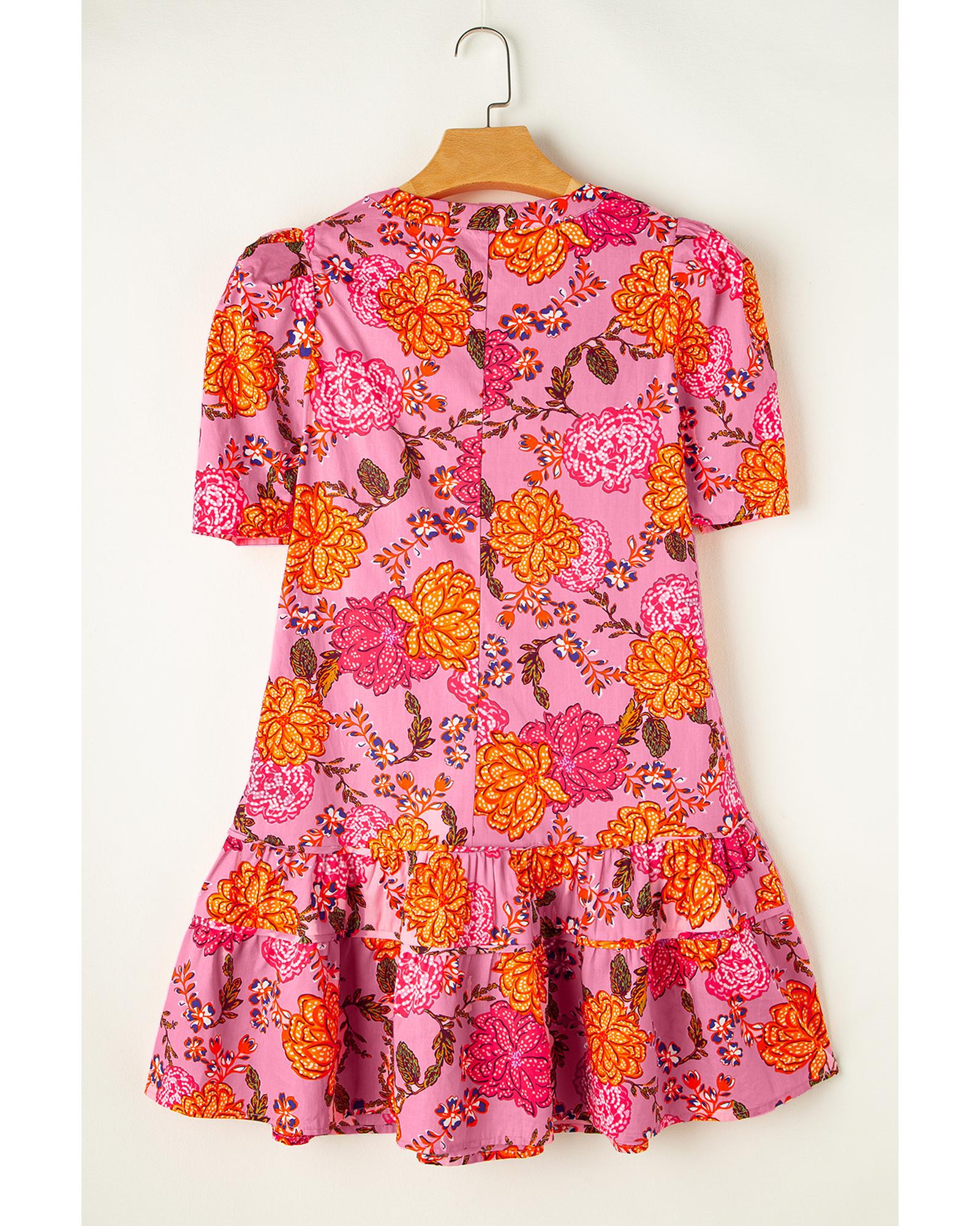 Pink Floral Bubble Sleeve V Neck Ruffled Mini Dress - L