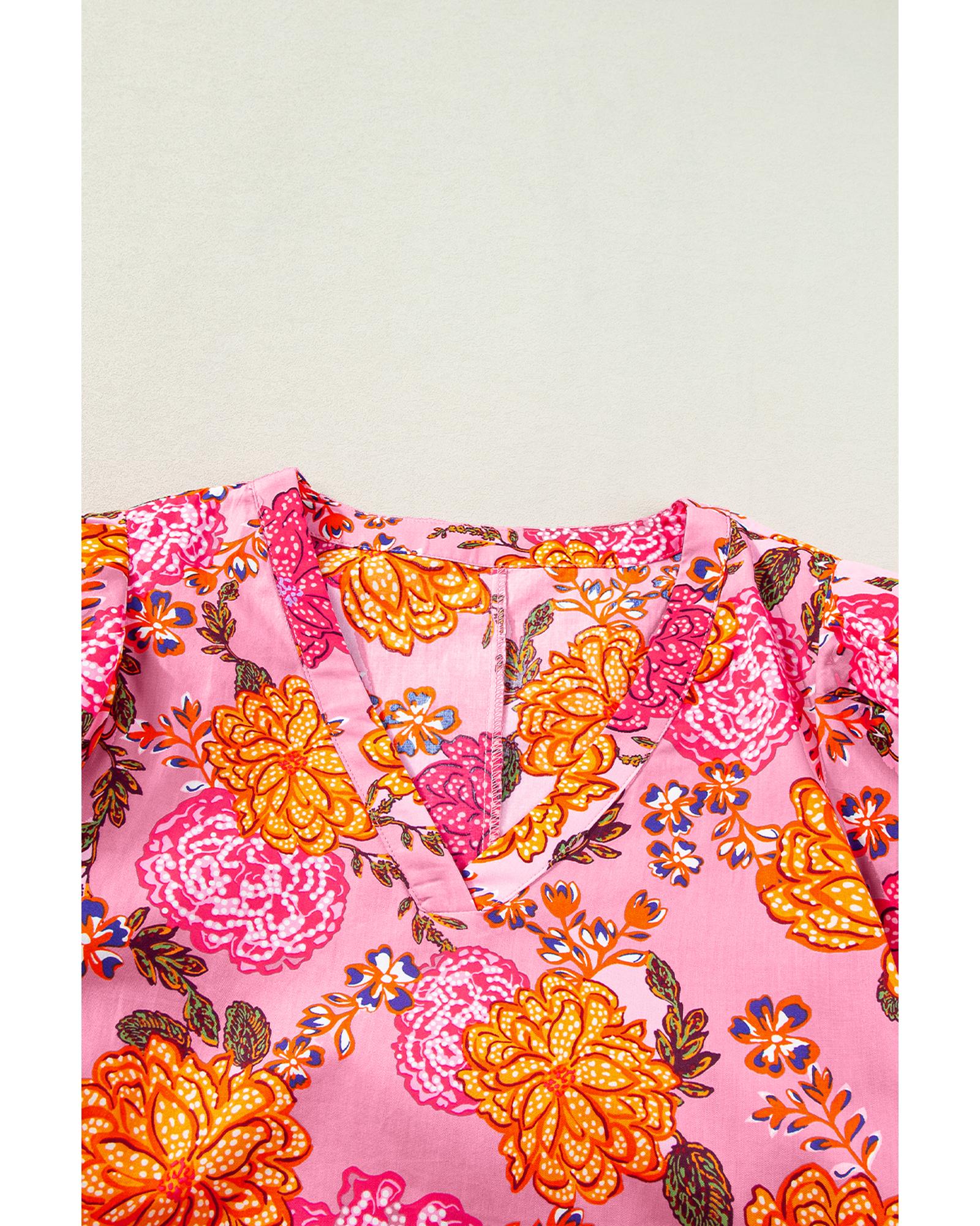 Pink Floral Bubble Sleeve V Neck Ruffled Mini Dress - XL