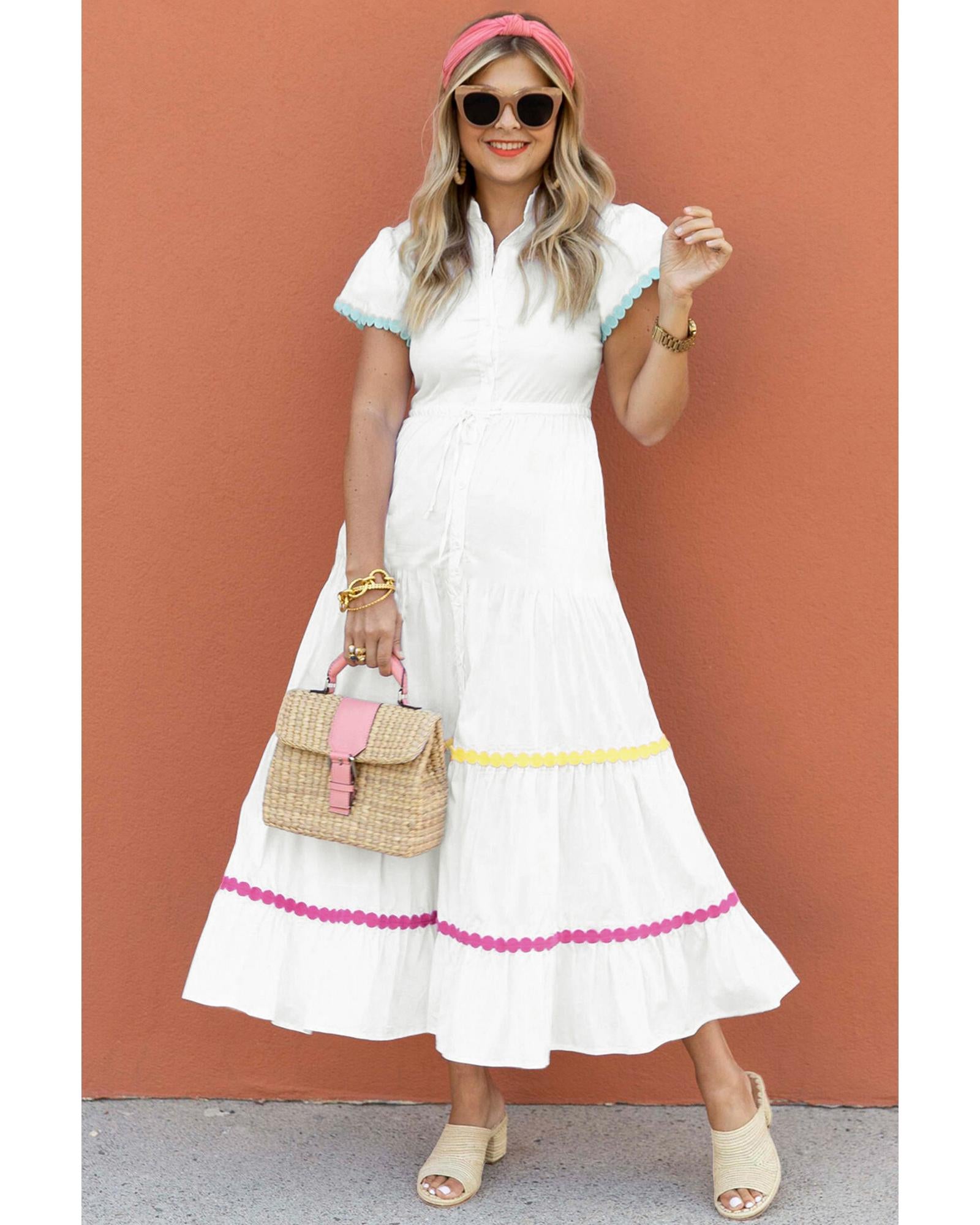 White Colorblock Rickrack Trim Short Sleeve Drawstring Waist Long Dress - S